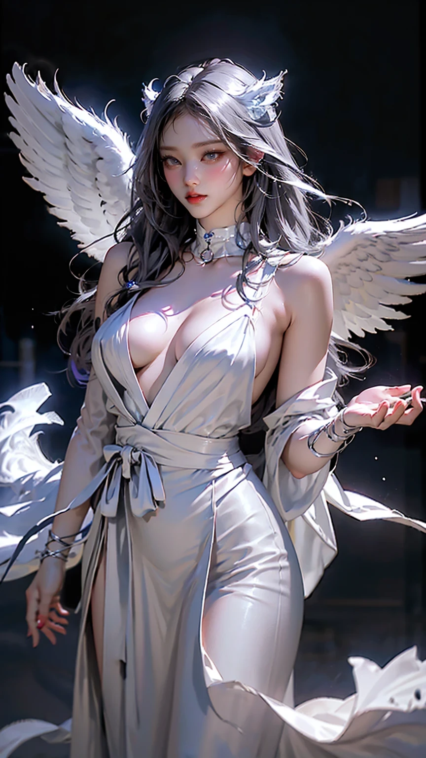 top quality、​masterpiece、  super high resolution、(  Photorealistic:1.4)、  RAW photo 、Battle Cyborg Angel  、 Big metal wings 、white porcelain body  、  acrylic transparent cover  、Gray Hair、 pubic skin 、1 Cyborg Girl、((  super realistic details  ))、  Portraits、globalillumination、shadow、  octane rendering、8k、  ULTRA SHARP  、Character edge light,Big Breasts、  EXQUISITE DETAILS  {x} Fresh skin exposed on chest  、 、About gothic lolita、Hydraulic cylinder、Small LED Lamp、  extremely fine details、Realistic Light、  purple eyes、輝く瞳、  looks at the  、Neon Details、  cowboy shot、Futuristic headgear、  about Cyberpunk  、NSFW