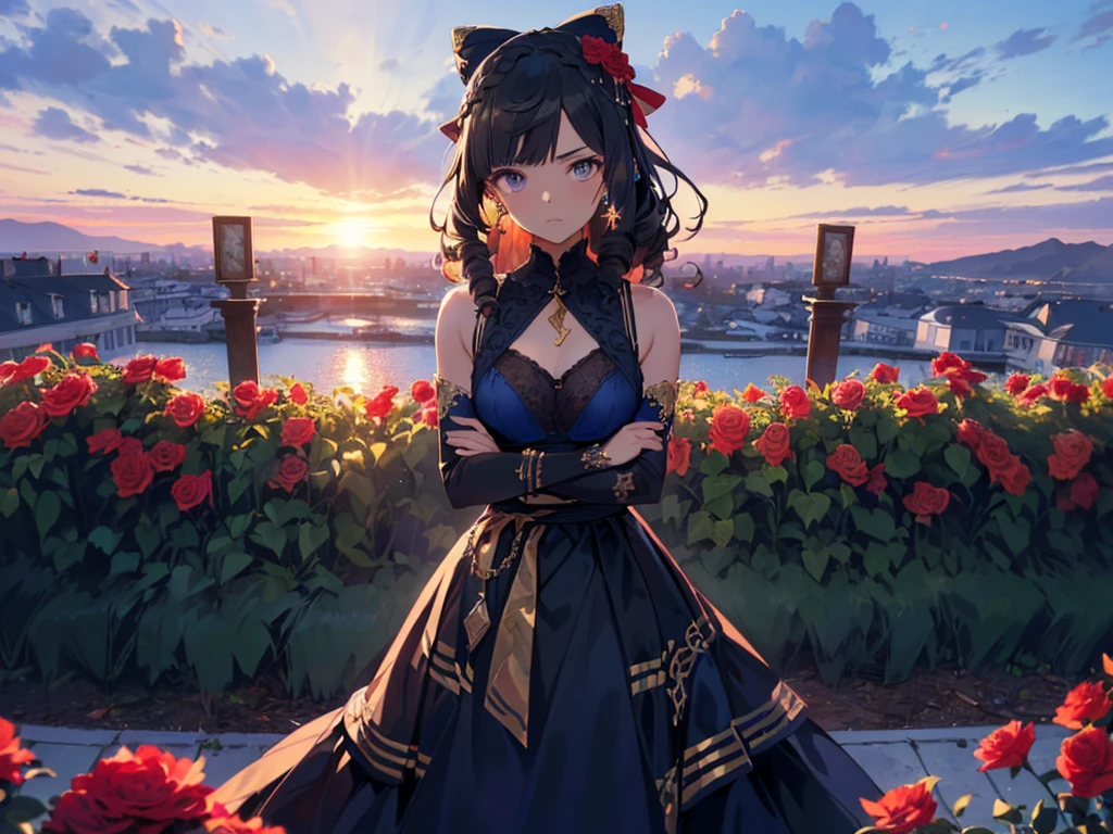 3D Artwork, Solo Girl, 1 Girl, (Pretty Expression), ((Hair tied in a big blue ribbon))), (((Long curly black hair))), ((Lots of hair accessories))), (((Teardrop shaped earrings))), (((Dark blue A-line high neck tiered skirt dress, gold chain around waist, opera gloves))), (Arms crossed in front of chest: 2), ((Surrounded by lots of red flowers)))), (Sunset sky, sunset, night sky), (Bust up from the side), (((High resolution, Masterpiece, Accurate, Anatomically Correct, Multiple Awards, Top Quality, Detailed, High Quality, Extremely Detailed, Ultra High Resolution))).