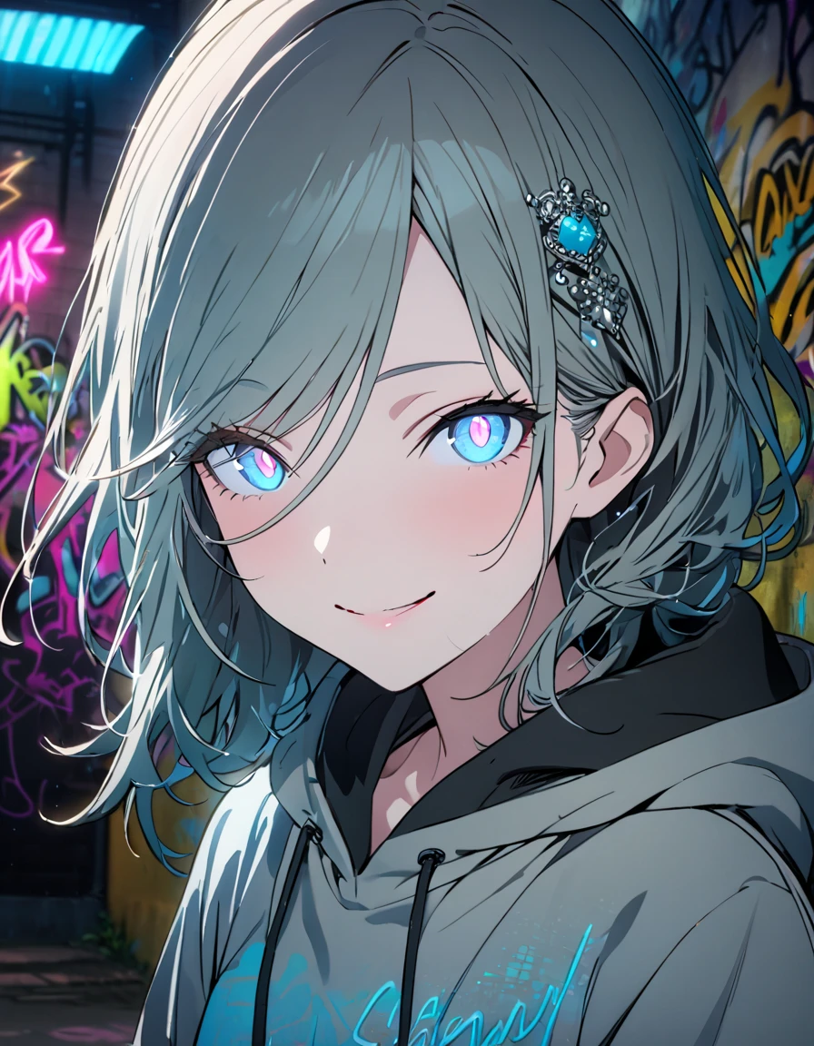 masterpiece,  top quality, 8k, Detailed Background , masterpiece,  top quality, smile,  ornament,  hoodie, Portraiture,  neon blue, graffiti, dark, night, Shining Eyes,  black light ,Hinomori Shizuku