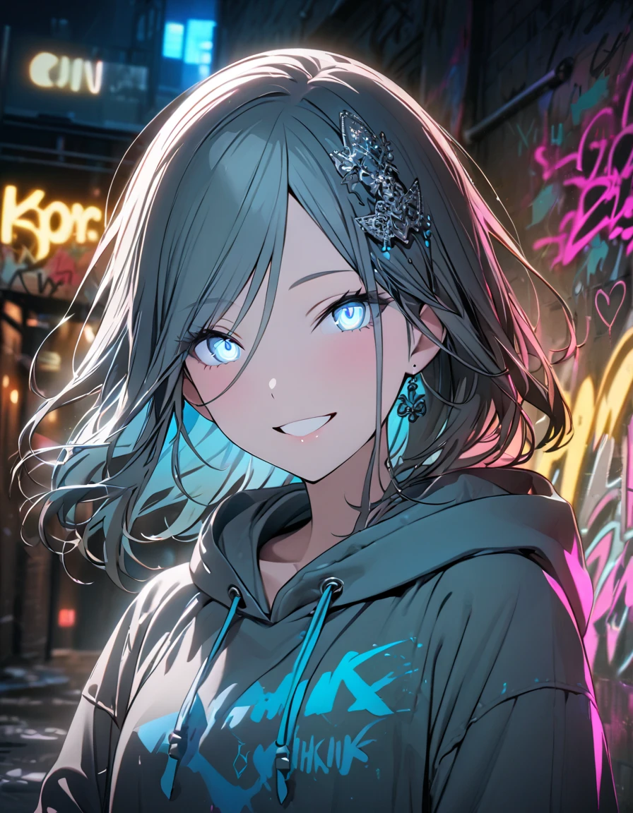 masterpiece,  top quality, 8k, Detailed Background , masterpiece,  top quality, smile,  ornament,  hoodie, Portraiture,  neon blue, graffiti, dark, night, Shining Eyes,  black light ,Hinomori Shizuku