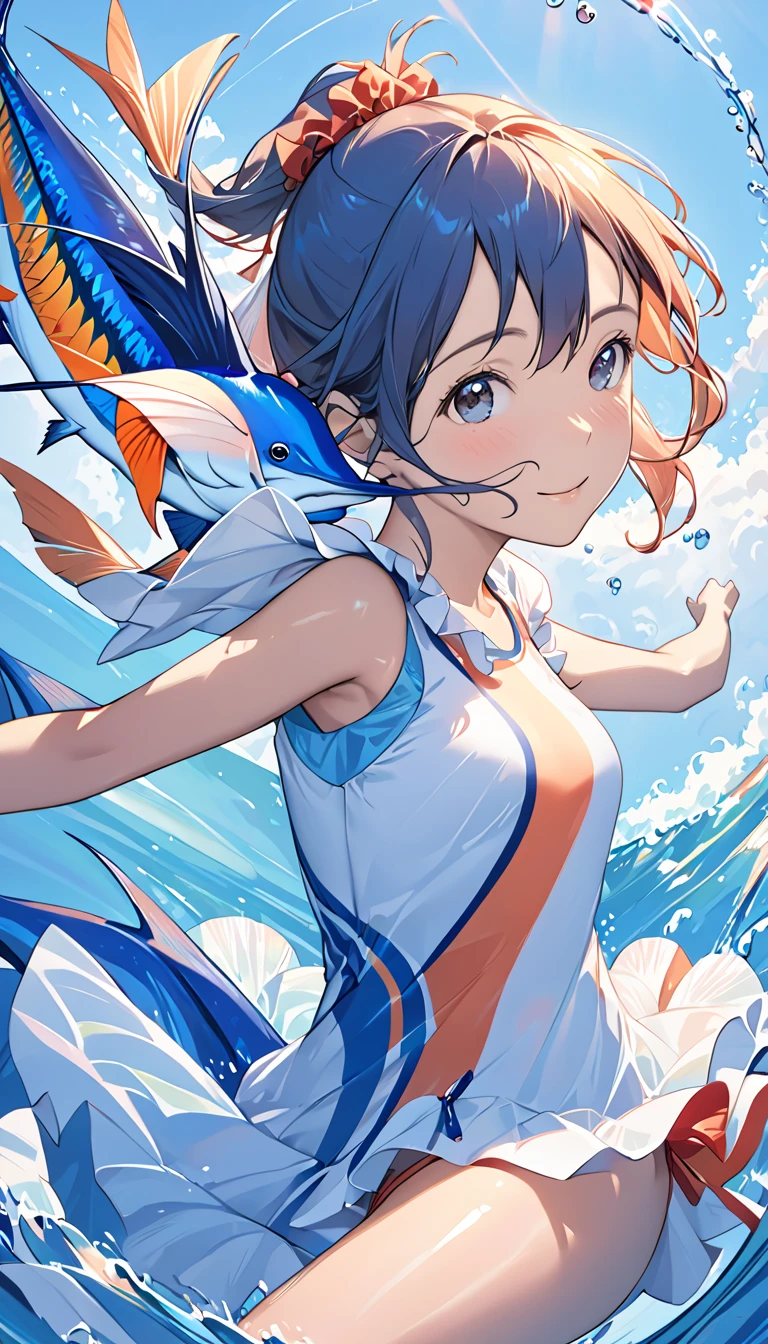 A girl is swimming with marlin