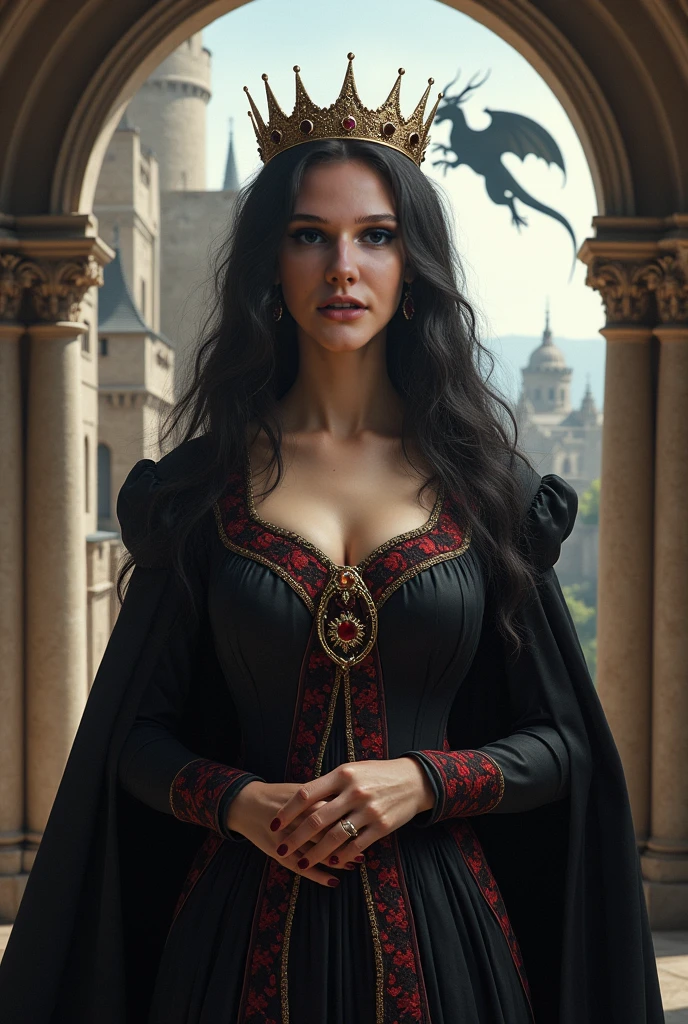 (masterpiece, top quality, best quality, official art, beautiful and aesthetic:1.2), (1girl:1.3), long and curly dark brown hair, extremely detailed, portrait, looking at viewer, solo, (full body:0.6), detailed background, close up, mischievous eyes, (warm summer castle theme:1.1), sorceress, charlatan, smirk, mysterious, walking in courtyard, revealing ((dark red)) sorcerer attire, red knee-length red skirt, off shoulder, straps, long sleeves, loose sleeves, cloak, red bustier, corset, black leggings, black trousers, black pants, long brown boots, buckles, straps, pouches, magic energy, red fabric, white trim, ((((gigantic breasts, cleavage, skindentation)))), slim waist, slim hips, long legs, medieval (castle exterior:1.1) background, dark mysterious lighting, shadows, magical atmosphere, dutch angle