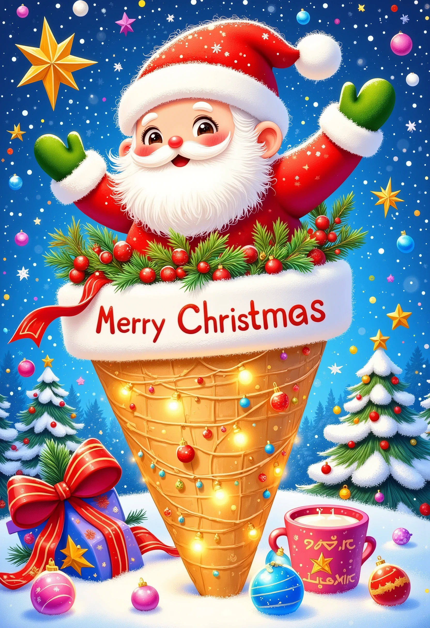 a happy santa claus in a candy cane, cute snowmen, colorful scarves, exaggerated expressions and poses, festive christmas atmosphere, snowy winter landscape, 8k, highly detailed, cinematic lighting, vibrant colors, warm color palette, photorealistic, digital art, christmas poster