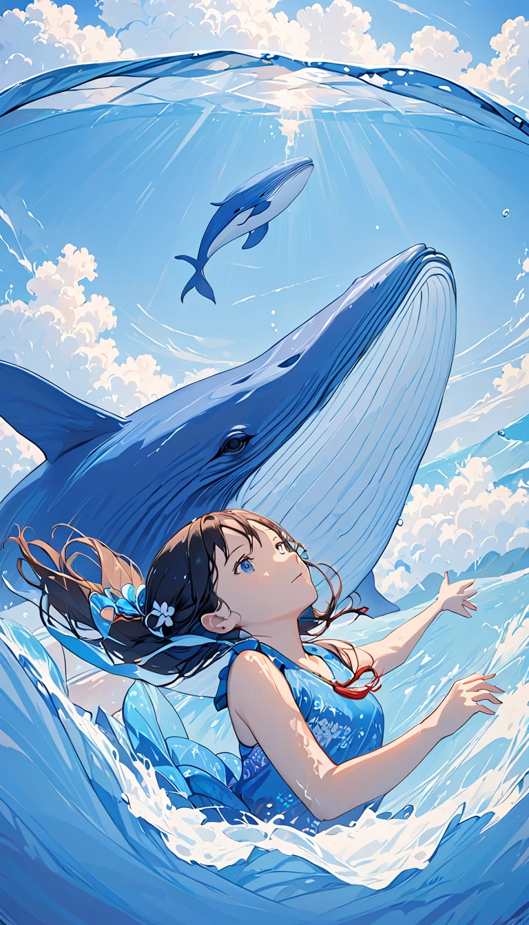 A girl is swimming with a blue whale