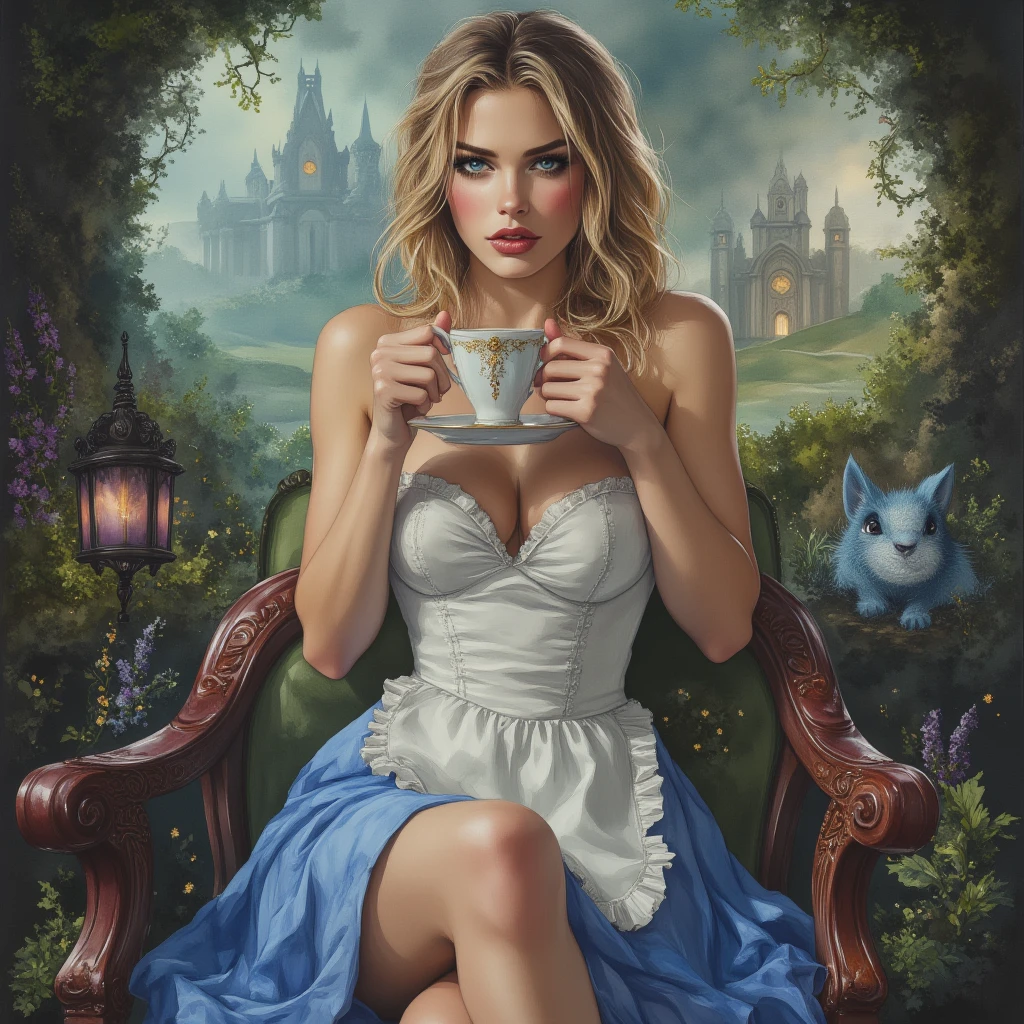 ein Comicbild einer Frau in einem blauen Kleid und einer Krawatte, Alice im Wunderland , Alice X. Zhang, Alice im Wunderland style, artgerm bunt!!!, Alice im Wunderland, portrait of Alice im Wunderland, like Alice im Wunderland, Alice im Wunderland syndrome, Alice im Wunderland, Alice attends a crazy tea party, surreal, psychodelic, optical illusion