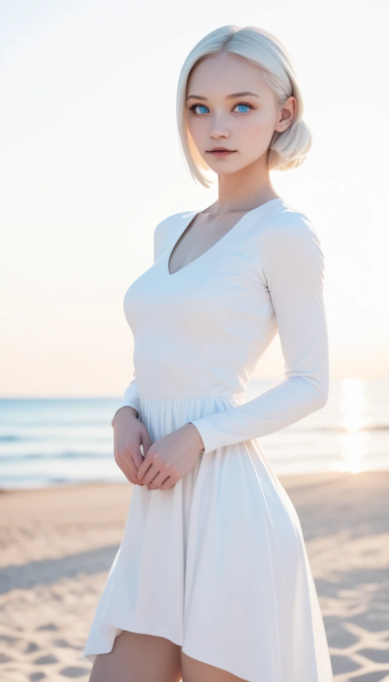 (((White background:1.3)))、 top quality, Masseter muscle part,  high definition , Albino Girl、((( 1 girl))), ************,((( Light-pigmented blue eyes :1.3)))、white dress、(( white shirt:1.3、 White Block Dress)), tyndall effect,  realistic , Shadow Studio , ultramarine lighting,  Dual tone lighting, ( High Detail Skin : 1.2)、薄Dim lighting、Dim lighting、   dslr camera for your birthday,   photos of Dress Boxing Match,  high definition , 4K, 8k,  Blurred Background, beautiful fade out 、White World、White background