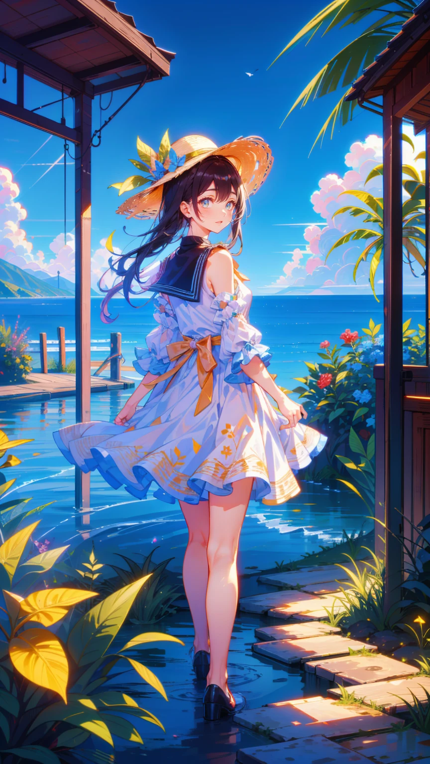 masterpiece,  top quality,  super detailed,   sparkling eyes  , 。 The blue sky dominates the scene and 、 enhances the color of the ocean 。.   the waist of the dress is tightened with a belt  ,   skirt spreading out  ,   A gorgeous, flowing exterior  .   dress is adorned with gold buttons  ,   She wears a large wide-brimmed straw hat  ,   There is a paved path where the character stands  .   She holds the brim of her hat with one hand  ,   The hair seems to sway softly in the wind  ,  her character is long ,  dark brown hair flowing down her back .   The hair seems to sway softly in the wind  ,  bright and easy She has a big smile , with large,  sparkling blue eyes that convey happiness and excitement ,   is a safe boundary for the path 、 emphasizes simplicity  .  Water is ,   bright blue reflecting the clear sky above  . , gentle waves run parallel to  ,  add calm and serenity to the scene ,   The coastline is curved and picturesque The front of the beautiful  ,   sandy beaches stretch along the coast  .   The beaches are dotted with green areas  ,   The  , To the left,   scene has a green mountain 々Surrounded by .   with a red ribbon and a large yellow ribbon on the side  , Lush foliage.   mountains are overgrown and have low vegetation  ,   adds depth to the landscape  ,  The sky is clear and bright blue ,  white clouds like fluff are scattered .   clouds are scattered sparsely along the coast  ,   The background stands out with a breathtaking view of the ocean  , In the foreground,   so  .   The character is wearing a short-sleeved white dress 、 sailor-style collars  {x}  the path seems to be made of stone or concrete slabs、芝生Surrounded byていますと小さな花の咲く植物,  , and the 、 enhances the natural appeal of the setting  ,   There are sparse clouds scattered along the right side of the path  ,   There is a wooden fence with horizontal railings  .  The fence shows the coastline  ,   These mountains have gentle slopes and 、It&#39;s crowded,