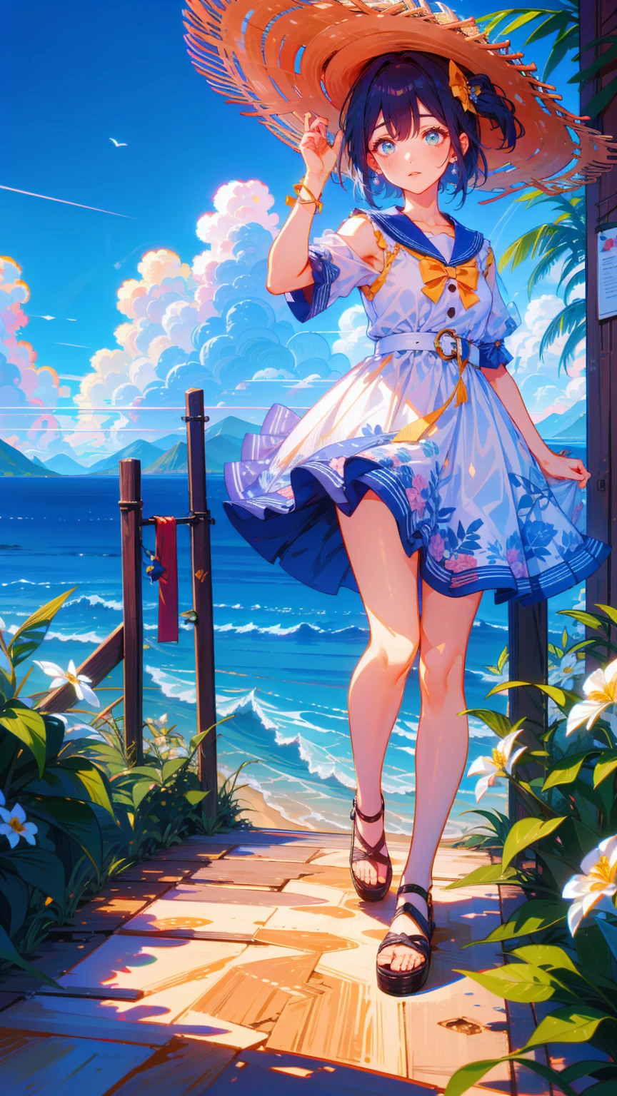 masterpiece,  top quality,  super detailed,   sparkling eyes  , 。 The blue sky dominates the scene and 、 enhances the color of the ocean 。.   the waist of the dress is tightened with a belt  ,   skirt spreading out  ,   A gorgeous, flowing exterior  .   dress is adorned with gold buttons  ,   She wears a large wide-brimmed straw hat  ,   There is a paved path where the character stands  .   She holds the brim of her hat with one hand  ,   The hair seems to sway softly in the wind  ,  her character is long ,  dark brown hair flowing down her back .   The hair seems to sway softly in the wind  ,  bright and easy She has a big smile , with large,  sparkling blue eyes that convey happiness and excitement ,   is a safe boundary for the path 、 emphasizes simplicity  .  Water is ,   bright blue reflecting the clear sky above  . , gentle waves run parallel to  ,  add calm and serenity to the scene ,   The coastline is curved and picturesque The front of the beautiful  ,   sandy beaches stretch along the coast  .   The beaches are dotted with green areas  ,   The  , To the left,   scene has a green mountain 々Surrounded by .   with a red ribbon and a large yellow ribbon on the side  , Lush foliage.   mountains are overgrown and have low vegetation  ,   adds depth to the landscape  ,  The sky is clear and bright blue ,  white clouds like fluff are scattered .   clouds are scattered sparsely along the coast  ,   The background stands out with a breathtaking view of the ocean  , In the foreground,   so  .   The character is wearing a short-sleeved white dress 、 sailor-style collars  {x}  the path seems to be made of stone or concrete slabs、芝生Surrounded byていますと小さな花の咲く植物,  , and the 、 enhances the natural appeal of the setting  ,   There are sparse clouds scattered along the right side of the path  ,   There is a wooden fence with horizontal railings  .  The fence shows the coastline  ,   These mountains have gentle slopes and 、It&#39;s crowded,