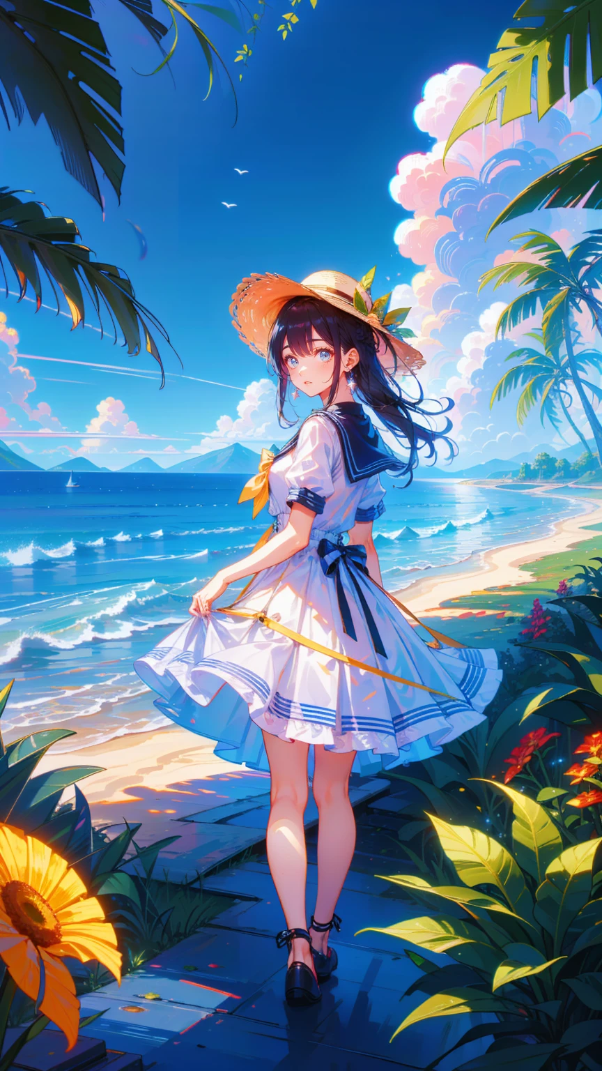 masterpiece,  top quality,  super detailed,   sparkling eyes  , 。 The blue sky dominates the scene and 、 enhances the color of the ocean 。.   the waist of the dress is tightened with a belt  ,   skirt spreading out  ,   A gorgeous, flowing exterior  .   dress is adorned with gold buttons  ,   She wears a large wide-brimmed straw hat  ,   There is a paved path where the character stands  .   She holds the brim of her hat with one hand  ,   The hair seems to sway softly in the wind  ,  her character is long ,  dark brown hair flowing down her back .   The hair seems to sway softly in the wind  ,  bright and easy She has a big smile , with large,  sparkling blue eyes that convey happiness and excitement ,   is a safe boundary for the path 、 emphasizes simplicity  .  Water is ,   bright blue reflecting the clear sky above  . , gentle waves run parallel to  ,  add calm and serenity to the scene ,   The coastline is curved and picturesque The front of the beautiful  ,   sandy beaches stretch along the coast  .   The beaches are dotted with green areas  ,   The  , To the left,   scene has a green mountain 々Surrounded by .   with a red ribbon and a large yellow ribbon on the side  , Lush foliage.   mountains are overgrown and have low vegetation  ,   adds depth to the landscape  ,  The sky is clear and bright blue ,  white clouds like fluff are scattered .   clouds are scattered sparsely along the coast  ,   The background stands out with a breathtaking view of the ocean  , In the foreground,   so  .   The character is wearing a short-sleeved white dress 、 sailor-style collars  {x}  the path seems to be made of stone or concrete slabs、芝生Surrounded byていますと小さな花の咲く植物,  , and the 、 enhances the natural appeal of the setting  ,   There are sparse clouds scattered along the right side of the path  ,   There is a wooden fence with horizontal railings  .  The fence shows the coastline  ,   These mountains have gentle slopes and 、It&#39;s crowded,