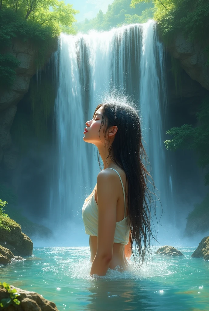 Beautiful girl, Chinese girl, dazed, tube top, shorts, tree, waterfall, nature
