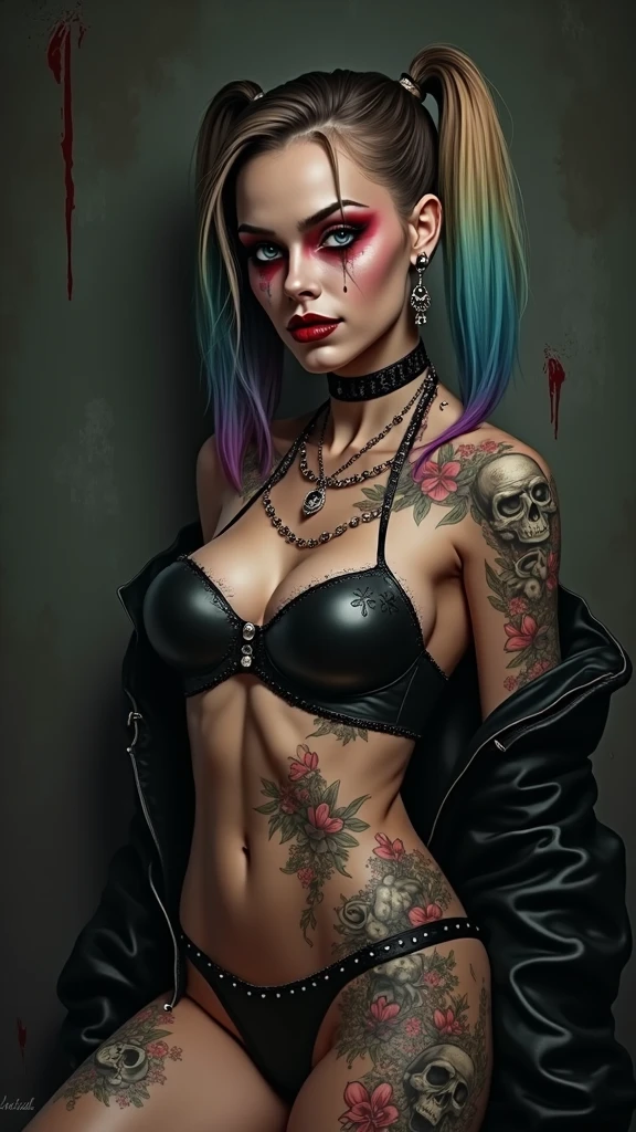 brunette woman tattooed demon. a trident heart. Athletic bodies slim big breasts big buttocks long pink hair 