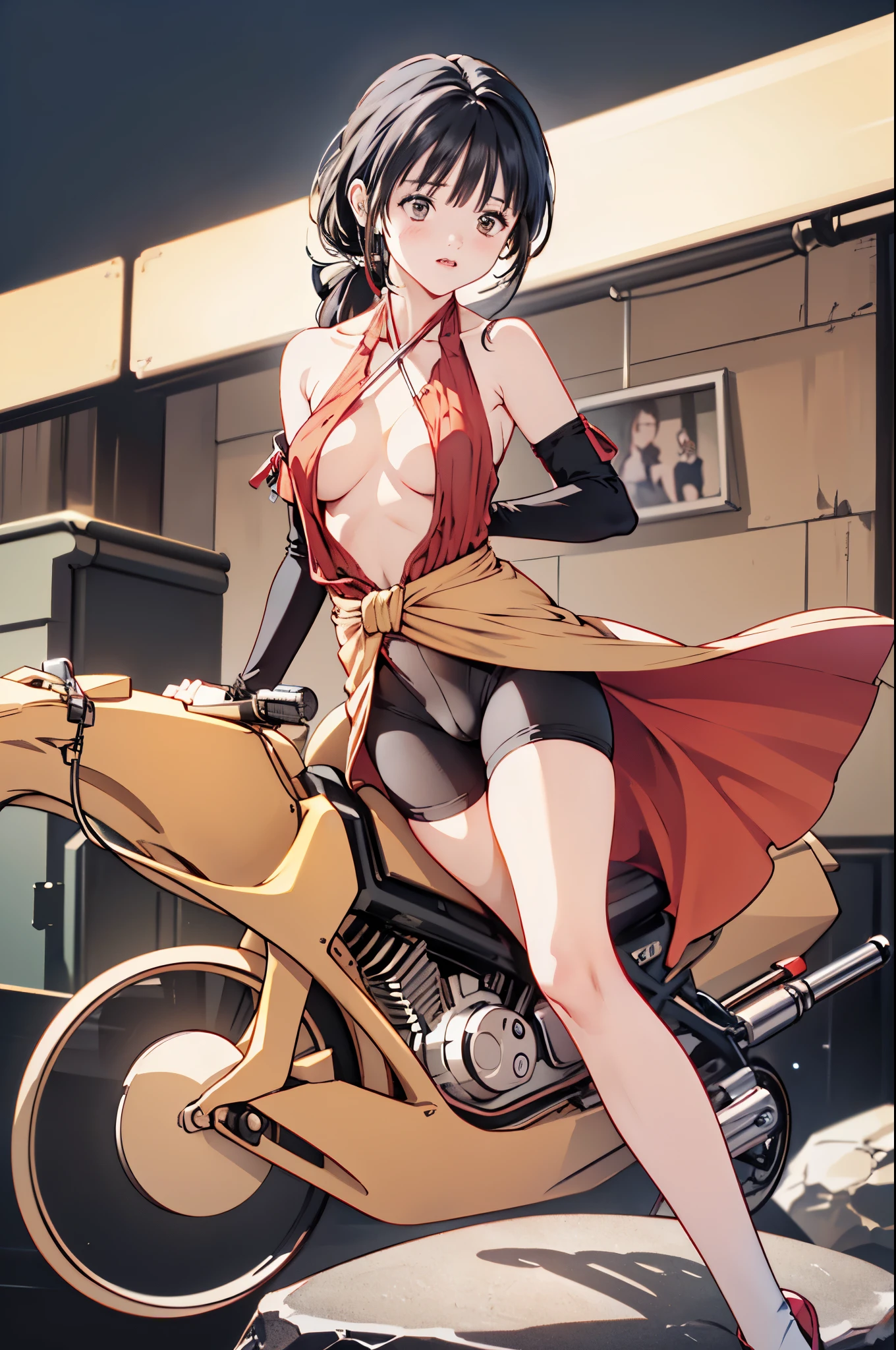 Ada Wong from Resident Evil sitting on a motorcycle wearing a short red dress showing a bit of her yellow panties underneath the dress, small breasts