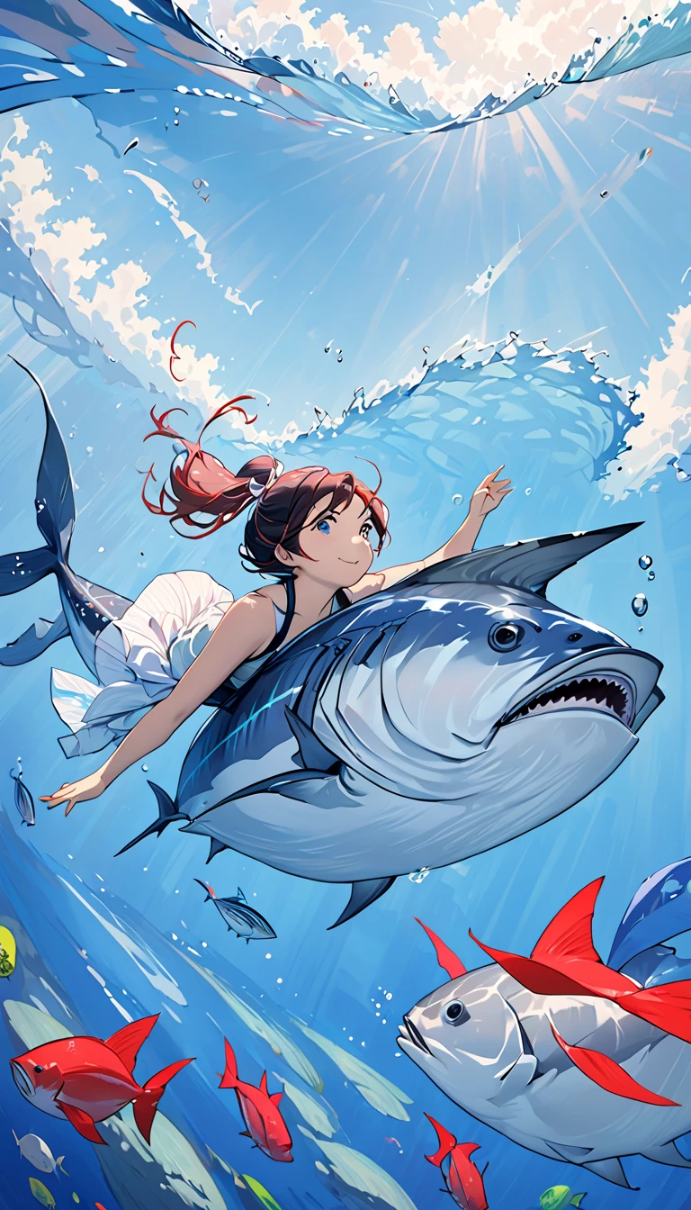 A girl is swimming with bluefin tuna