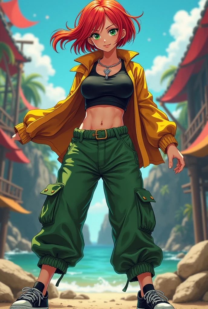 (obra maestra:1.4), Mejor calidad, Anime realista, (1 chica), cuerpo completo, Chica impresionante, mujer madura, cara perfecta, ojos perfectos, luchador callejero, pelo negro, cabello corto, ojos verdes, 1,7 metros de altura, forma del cuerpo perfecta, golden brown skin tone, medium bust size, piernas fuertes y gruesas, caderas gruesas, medium buttocks, atuendo casual, Mini pantalones cortos negros, crop top blanco de manga larga, top corto estirado, Chaqueta negra, Chaqueta Crop, White leather belt, collar delicado, zapatillas deportivas para correr, gafas de sol de aviador, parado derecho, Postura de combate, enhanced facial expression, frown, mirada intimidante, cara bonita, 4k, fondo de pantalla, mirando al espectador,