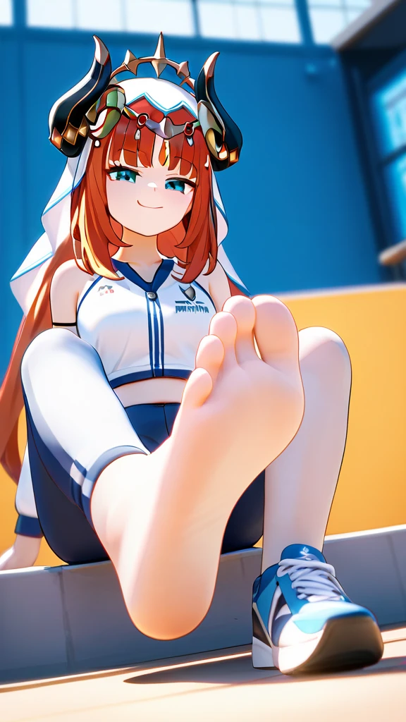 score_9,score_8_up,score_7_up,score_6_up,score_5_up, Sport outfit, after sport,  Solitary, completely smooth sole, Foot Focus, hypno feet, hypnotic feet, the girl tries to tease viewer with sole of foot against his will, 3D Rendered Anime style, the girl shows the sole of one foot, foot focus, sole, one shoe taken off, dynamic, acting casual but smug, smug teasing dynamic pose, smug face, very smug, young sole, five toes, one sport shoe taken off,  1girl, solo, feet in my face, dominating, the girl could ruin my life by controling me with her foot, cute girl, smooth sole, no wrinkles, beautiful background, sporty, casual situation, cheesy sole, still wears one sports shoe, hypnotic soles, smug face, manipulative girl, black long leggings, soles close-up, detailed skin, the girl is sitting on a wall, pale soles, the girl is nilou, nilou