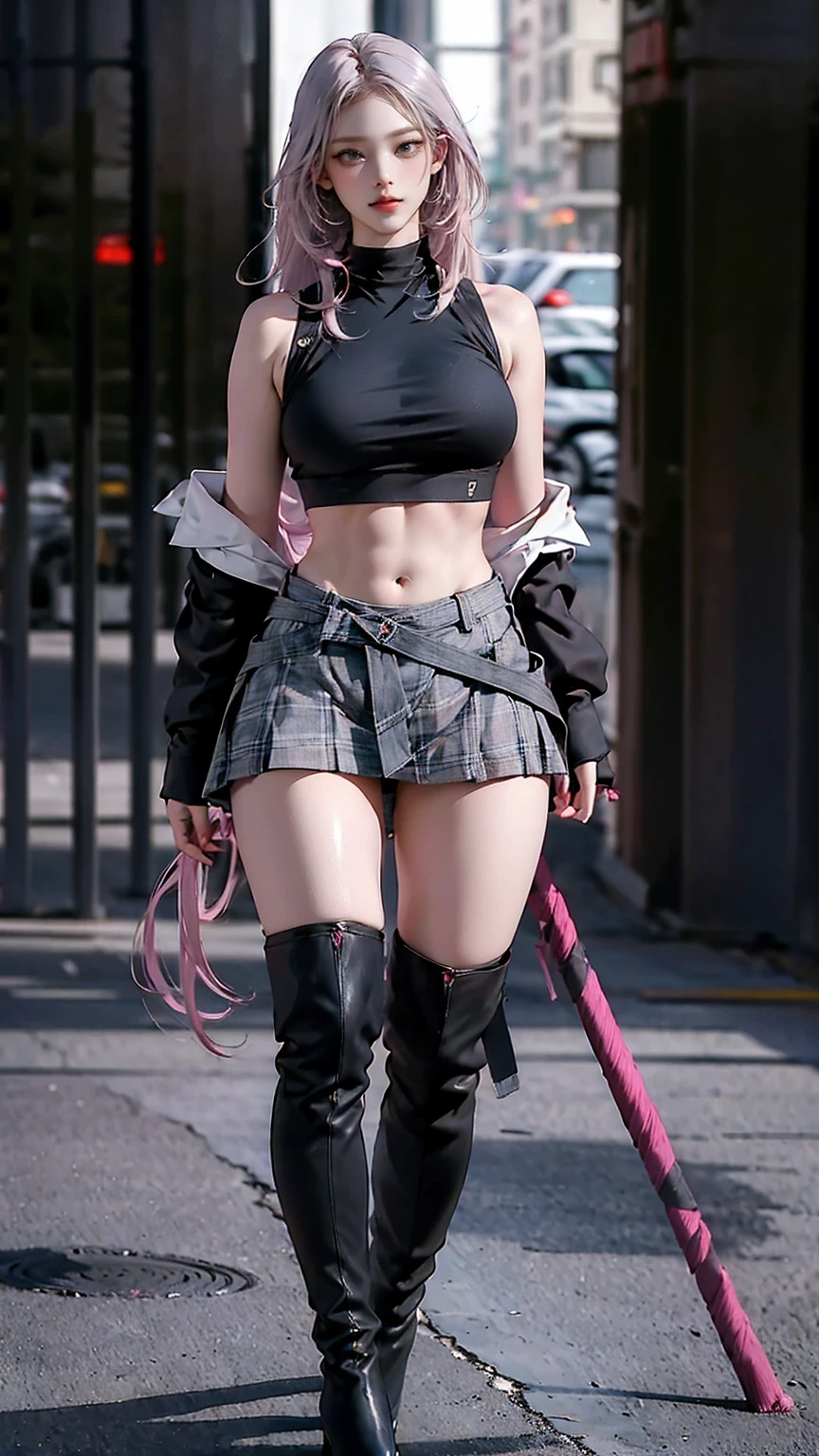 woman, Pink Grey Hair , Green Eyes, wearing a black crop top shirt, Long Black Jacket , red check skirt , ( black knee-high boots), black fingerless gloves , exposed shoulders, (whole body), Big breasts Freckles, , abs, watch viewers, masterpiece, best quality, , Holopunk Style , (nsfw:0.8), erect nipples during the day