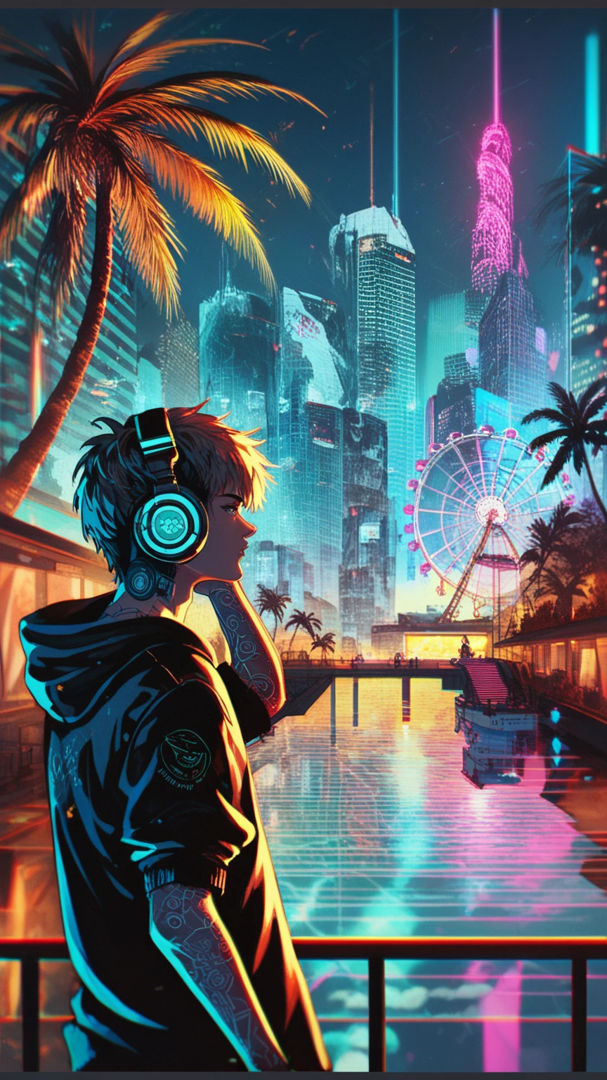 anime style, cool and edgy, thicker outlines, painterly elements, fine details, soft edges, A serene and lively night scene of a futuristic city**, neon lights illuminating tall buildings, palm trees, and a Ferris wheel, person with headphones gazing at the water, vibrant reflections, cyberpunk aesthetic, dynamic lighting, tattos, fashionable, posing, expression, stylish, striking, modern, fashion, ((boy)) 