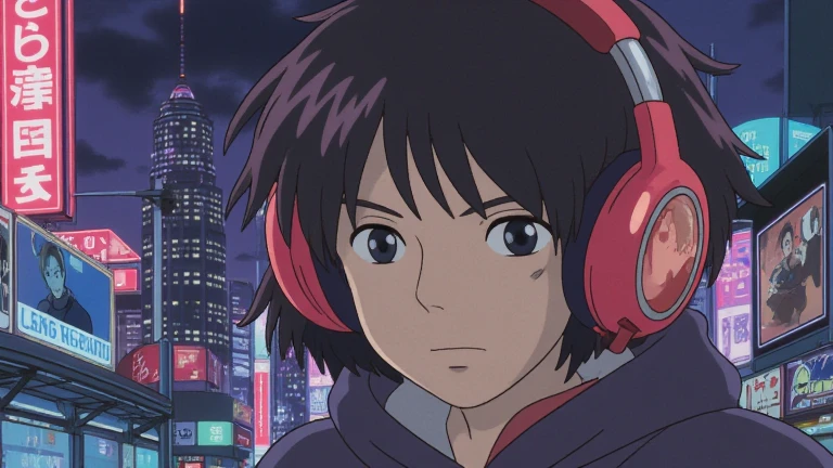 Retro illustration、80s Anime、 emo illustration 、 city pop、 headphones