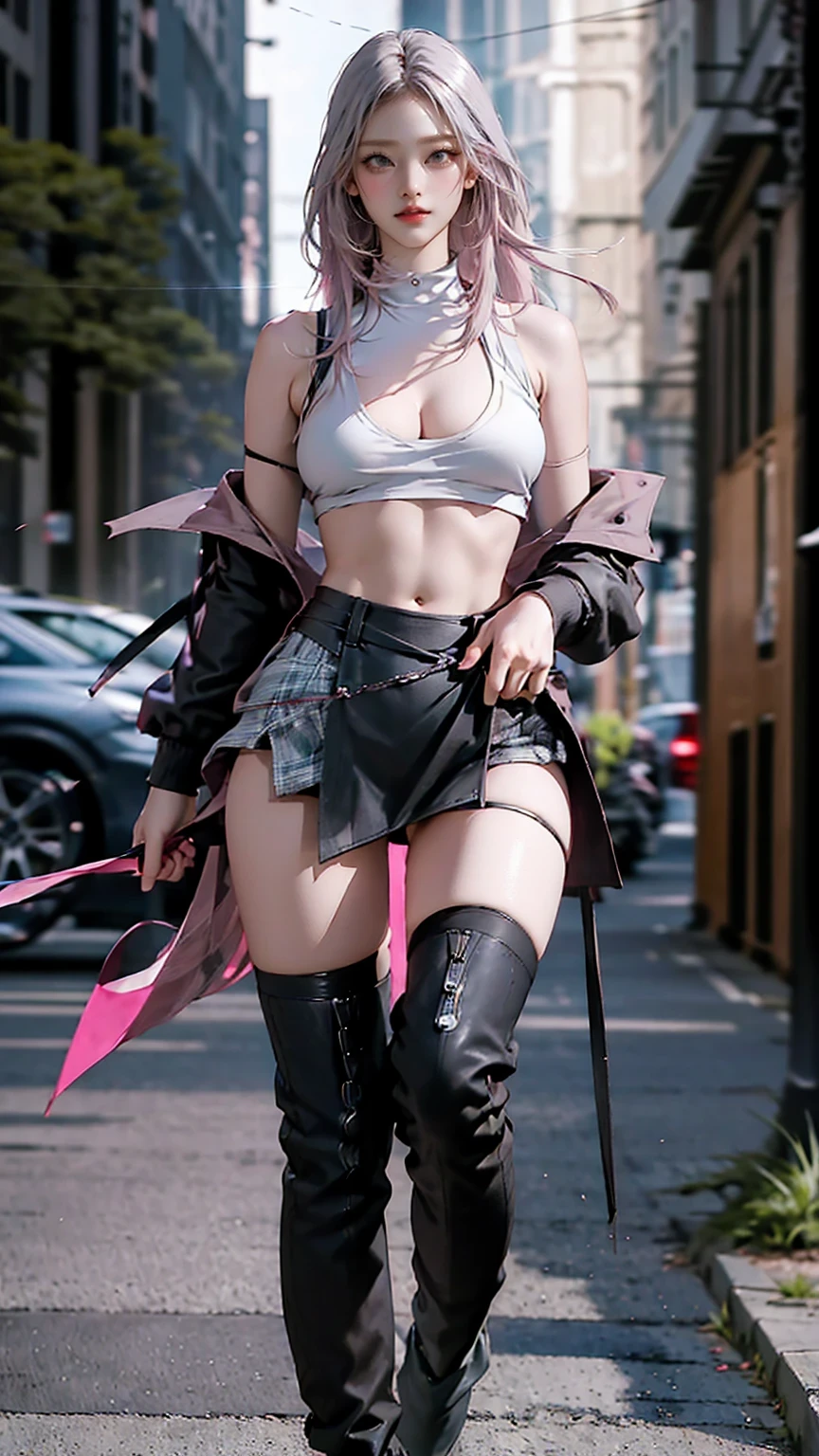 woman, Pink Grey Hair , Green Eyes, wearing a black crop top shirt, Long Black Jacket , red check skirt , ( black knee-high boots), black fingerless gloves , exposed shoulders, (whole body), Big breasts Freckles, , abs, watch viewers, masterpiece, best quality, , Holopunk Style , (nsfw:0.8), erect nipples during the day