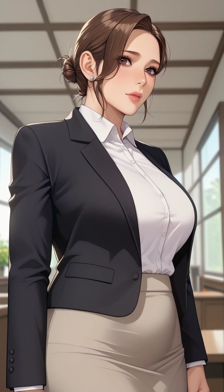 (masterpiece, best_quality:1.2), 1girl, solo, mature female, a1m33, brown hair, low bun, (officework:1.5, white shirt, black blazer, black mini skirt), beautiful eyes, female focus, large breast, wide hips, looking at viewer, ((close up shot)) ((solo)) detailed, very high resolution, no blurry image, (cowboy shot), standing, beautiful, serene expression, intricate details, detailed background, indoors