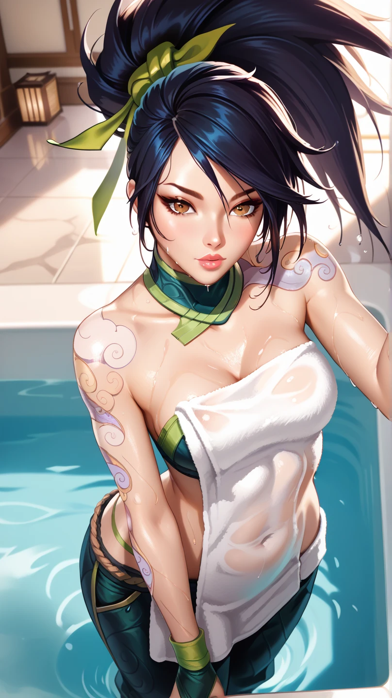 bath towel, score_9, score_8_above, score_7_above, BREAK best aesthetic , high-res,  masterpiece ,  high quality,  complex background ,  long hair, abstract background, Realistic image of Akali, ((Akali League of Legends)),  yellow-eyed,  black hair, pants, green ribbon, socks,  long ponytail, Black cap,  long ponytail, arm tattoo, tattoo,  Backlight , lips, looking at the viewer,  medium breasts, ,     looking at the spectator , wet, towel,  not, (( Towel over the whole body)),   anime screenshot,  anime coloring , official style, , sauce_anime, ambient light,
