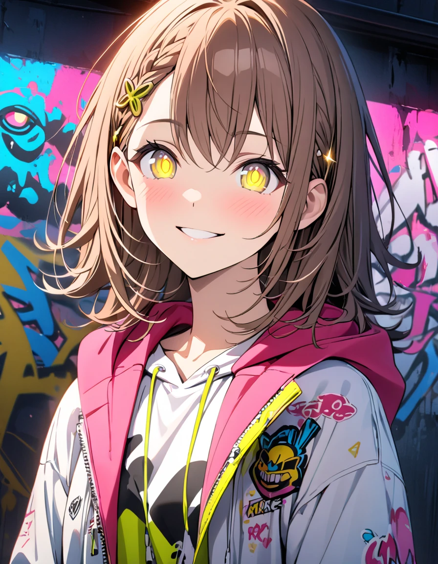 masterpiece,  top quality, 8k, Detailed Background , masterpiece,  top quality, smile,  ornament,  hoodie, Portraiture,  neon yellow, graffiti, dark, night, Shining Eyes,  black light ,Hanazato Minori 