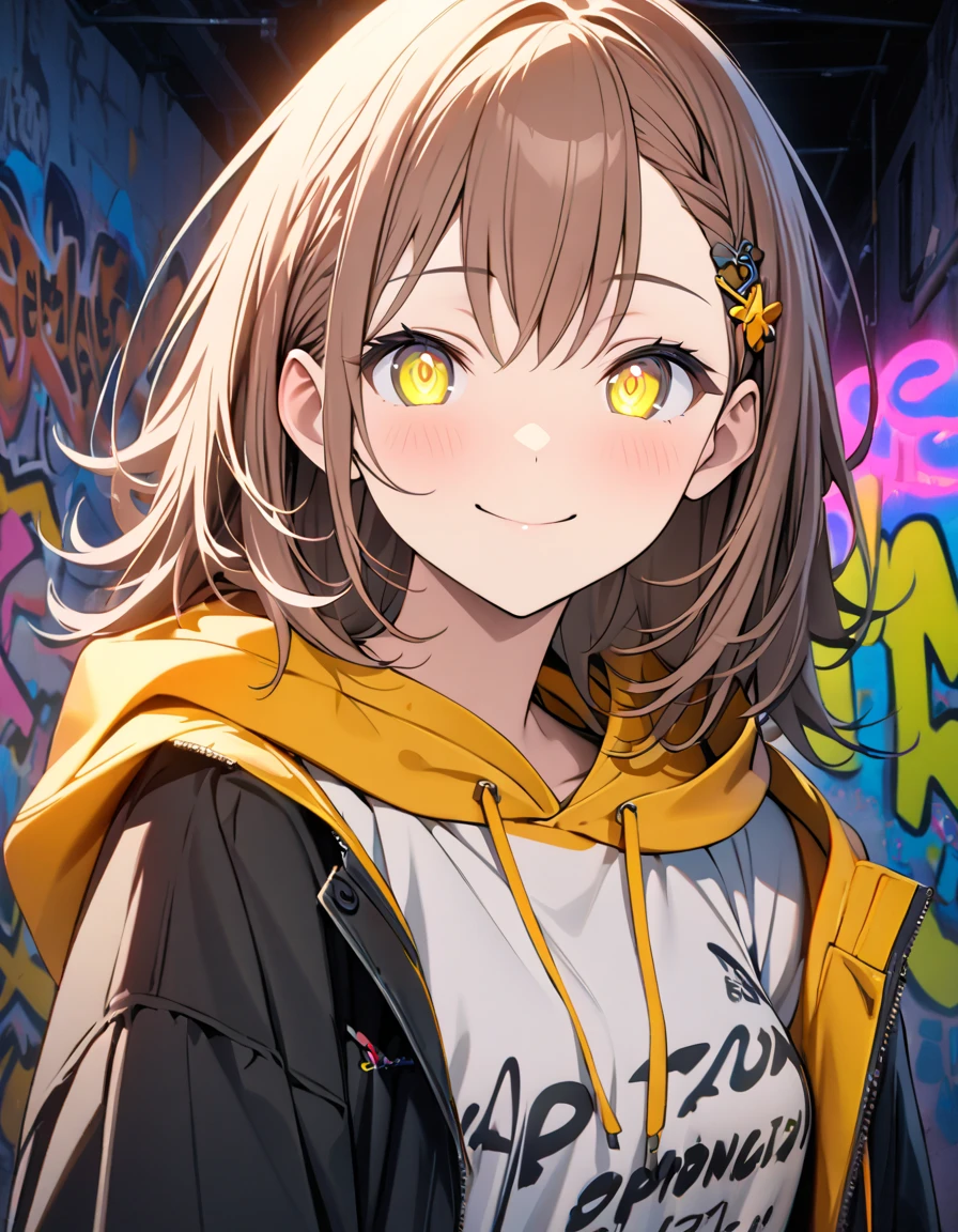 masterpiece,  top quality, 8k, Detailed Background , masterpiece,  top quality, smile,  ornament,  hoodie, Portraiture,  neon yellow, graffiti, dark, night, Shining Eyes,  black light ,Hanazato Minori 