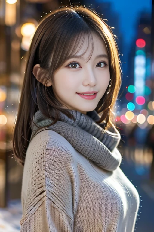 12Ｋ、ＨＤＲ、  Japanese、 bits deep 10 bits、(  grey sweater),(white warm knitted scarf ), Portrait Style、   very beautiful  ,   very detailed,    very detailed目と顔,     beautiful detailed nose  ,   beautiful detailed eyes,   cinematic lighting ,City lights at night,   Big Breasts 、,smile  風で髪が揺れている、smile、   A woman who feels mature sex appeal 、Snow falls in the background   