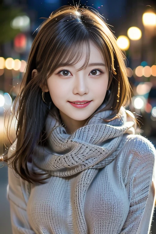 12Ｋ、ＨＤＲ、  Japanese、 bits deep 10 bits、(  grey sweater),(white warm knitted scarf ), Portrait Style、   very beautiful  ,   very detailed,    very detailed目と顔,     beautiful detailed nose  ,   beautiful detailed eyes,   cinematic lighting ,City lights at night,   Big Breasts 、,smile  風で髪が揺れている、smile、   A woman who feels mature sex appeal 、Snow falls in the background   