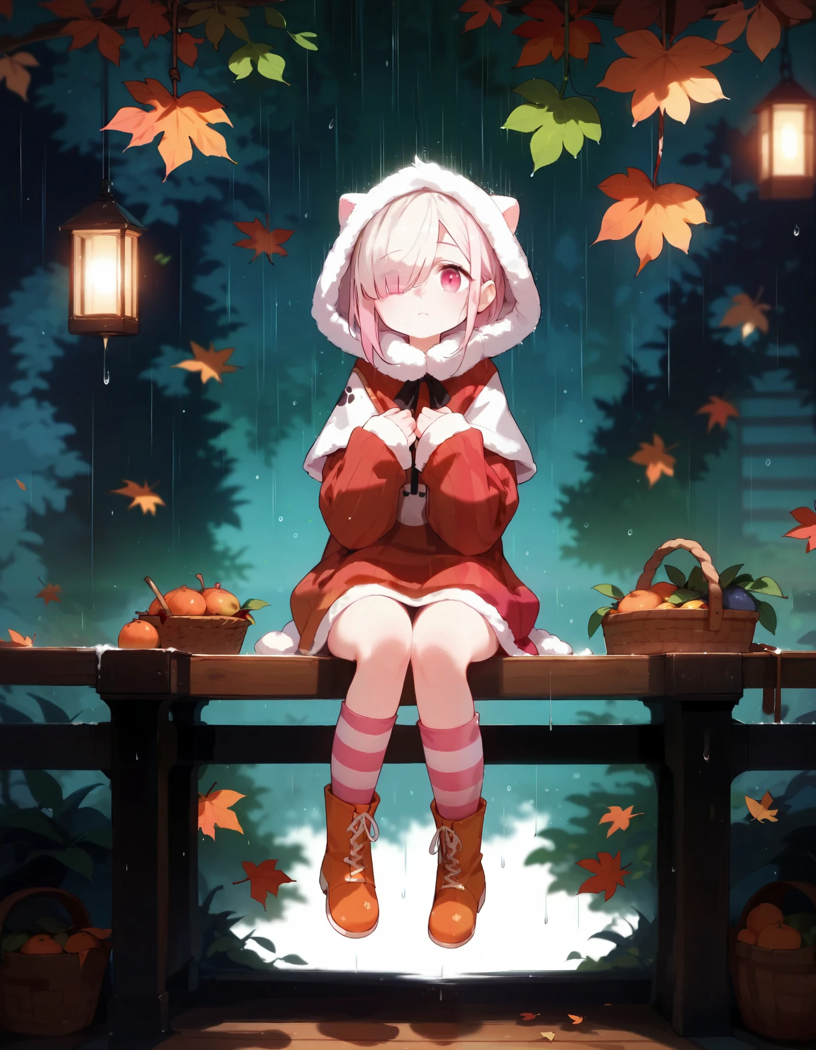 score_9,score_8_up,score_7_up, masterpiece,ultra-detailed CG illustration,top quality, best quality, dark background, 1girl,((hanging legs)),full body,autumn,autumn leaves,rain,fruit,basket,fur capelet,white fur boots,hands on chest,striped legwear,oversized sweater,wooden bucket,wooden table,railing,fur hood up,short hair,flat bangs,long bangs,hair over one eye,sleeves past wrists,paw print,multicolored clothes,multicolored legwear,asymmetrical legwear, blurry_foreground, shoelaces,hood up,sitting,
