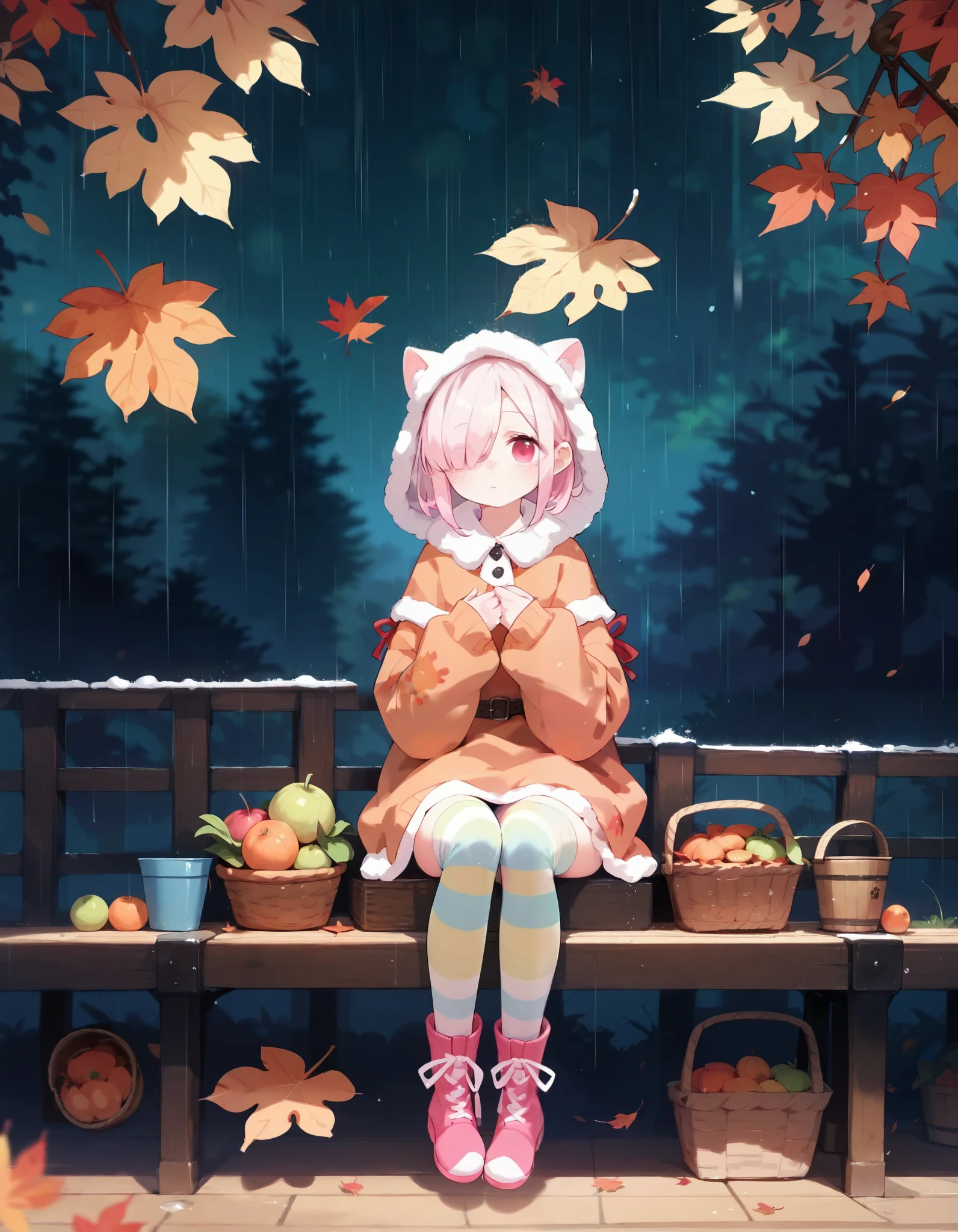 score_9,score_8_up,score_7_up, masterpiece,ultra-detailed CG illustration,top quality, best quality, dark background, 1girl,((hanging legs)),full body,autumn,autumn leaves,rain,fruit,basket,fur capelet,white fur boots,hands on chest,striped legwear,oversized sweater,wooden bucket,wooden table,railing,fur hood up,short hair,flat bangs,long bangs,hair over one eye,sleeves past wrists,paw print,multicolored clothes,multicolored legwear,asymmetrical legwear, blurry_foreground, shoelaces,hood up,sitting,