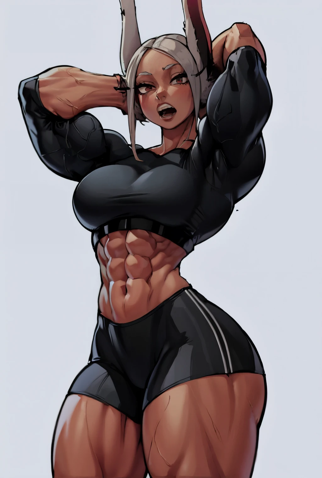 masterpiece,best quality,extreme detail,8k,mirko2,1girl,solo,breasts,looking at viewer,short hair,open mouth,large breasts,simple background,red eyes,long sleeves,white background,navel,animal ears,white hair,thighs,cowboy shot,shorts,teeth,midriff,artist name,dark skin,rabbit ears,arms up,dark-skinned female,crop top,black shirt,muscular,thick thighs,black shorts,abs,toned,sportswear,rabbit girl,muscular female,long eyelashes,extremely muscular woman, flawless perfectly trained body, zero body fat, mighty and hypermuscular professional female bodybuilder, dominant woman, great muscle definition, 