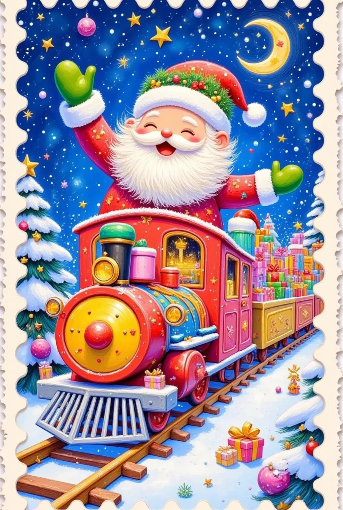  Christmas postcard ，Stamp border，Christmas card ：Santa Claus driving a train，It's full of gifts 