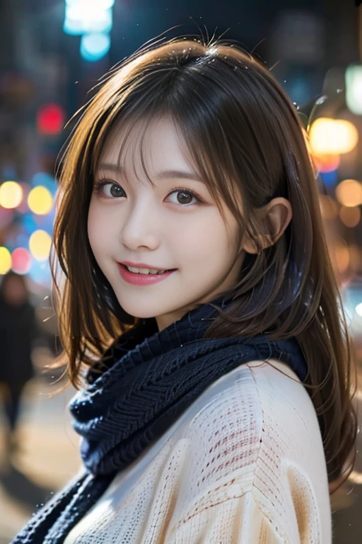 12Ｋ、ＨＤＲ、  Japanese、 bits deep 10 bits、( White sweater),(white warm knitted scarf ), Portrait Style、   very beautiful  ,   very detailed,    very detailed目と顔,     beautiful detailed nose  ,   beautiful detailed eyes,   cinematic lighting ,City lights at night,   Big Breasts 、,smile  風で髪が揺れている、smile、   A woman who feels mature sex appeal 、Snow falls in the background   