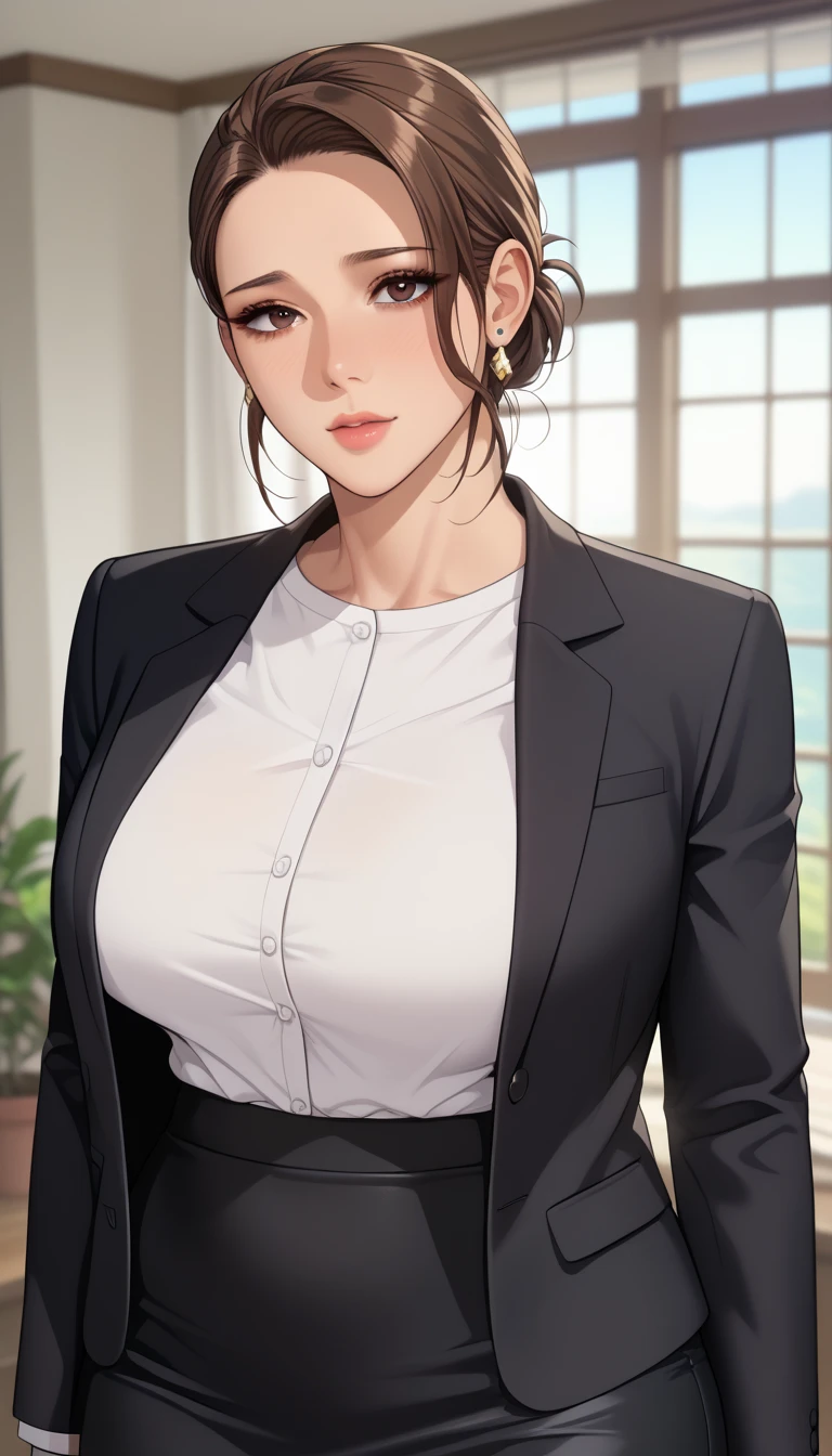 (masterpiece, best_quality:1.2), 1girl, solo, mature female, a1m33, brown hair, low bun, (officework:1.5, white shirt, black blazer, black mini skirt), beautiful eyes, female focus, large breast, wide hips, looking at viewer, ((close up shot)) ((solo)) detailed, very high resolution, no blurry image, (cowboy shot), standing, beautiful, serene expression, intricate details, detailed background, indoors