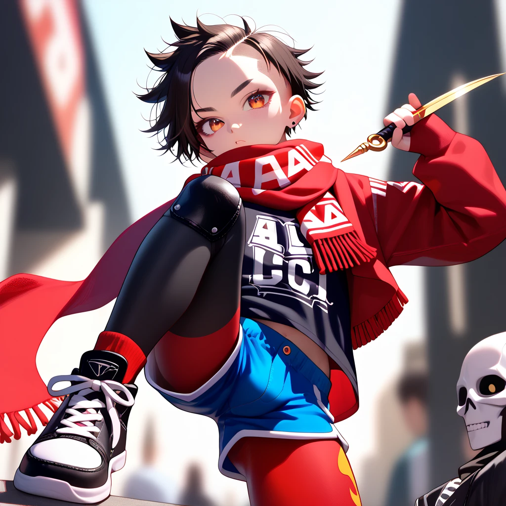 masterpiece, highest_quality, ultra_detailed, anime, depth_of_field, 1boy_focus, boy is (japanese_femboy, (black_hair, messy_hair, crew_cut, forehead_bangs, black_slant_eyes, close_set_low_eyebrows, large_ears), flat_chest, (skeleton_mask:1.5, oversized_shirts, (wide_leg_shorts, leggings):1.5, leather_shoes, legace, knee_pad, scarf):1.5, fighting_pose), five_fingers, detailed_face, full_of_details, holding_dagger, dual_wielding