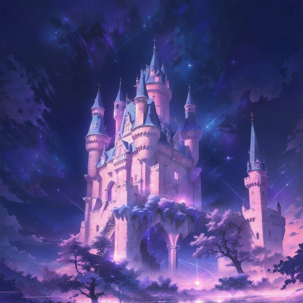  Turn this scene into a night scene， castle at night ， starry sky ， super high quality ，游戏Scene art，Blue-purple hue，Scene art， super high quality ，Clear edges， Romantic atmosphere ， HD，8k