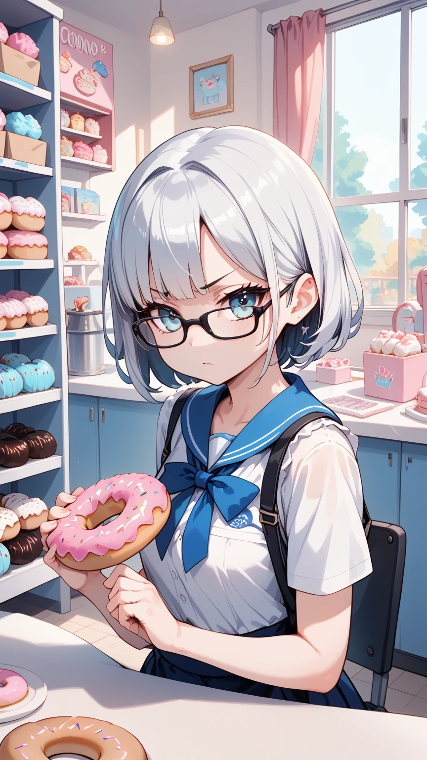 Black hair, glasses, donut shop, choosing donuts with serious expression