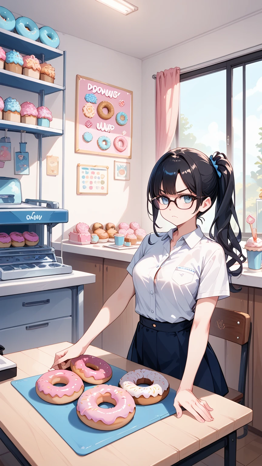 Black hair, glasses, donut shop, choosing donuts with serious expression