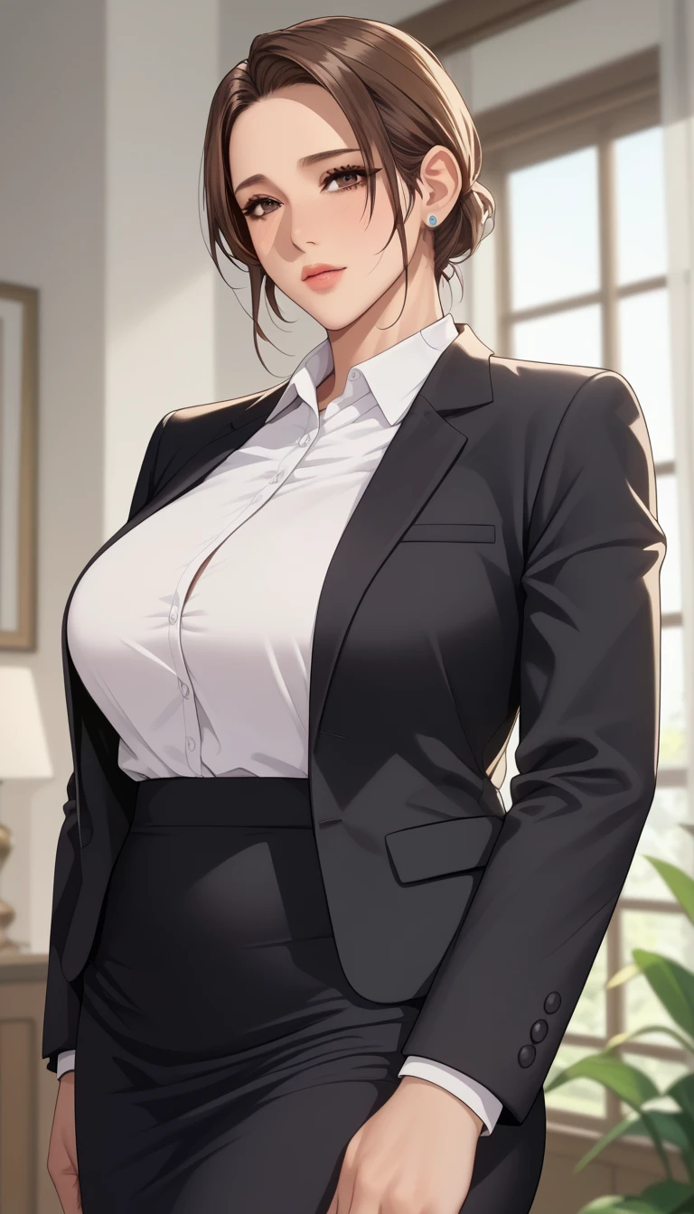 (masterpiece, best_quality:1.2), 1girl, solo, mature female, a1m33, brown hair, low bun, (officework:1.5, white shirt, black blazer, black mini skirt), beautiful eyes, female focus, large breast, wide hips, looking at viewer, ((close up shot)) ((solo)) detailed, very high resolution, no blurry image, (cowboy shot), standing, beautiful, serene expression, intricate details, detailed background, indoors