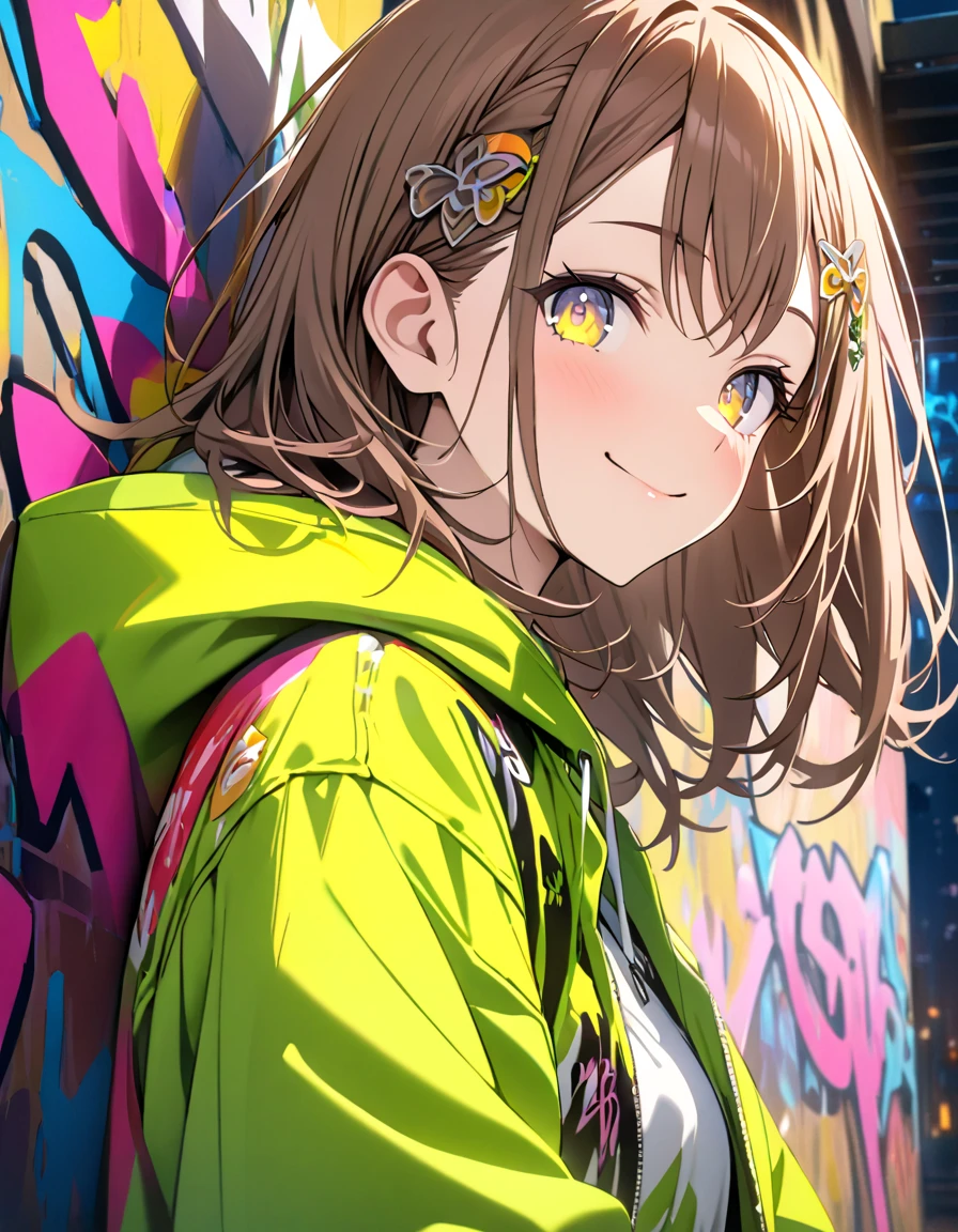 masterpiece,  top quality, 8k, Detailed Background , masterpiece,  top quality, smile,  ornament,  hoodie, Portraiture,  neon yellow, graffiti, dark, night, Shining Eyes,  black light ,Hanazato Minori 