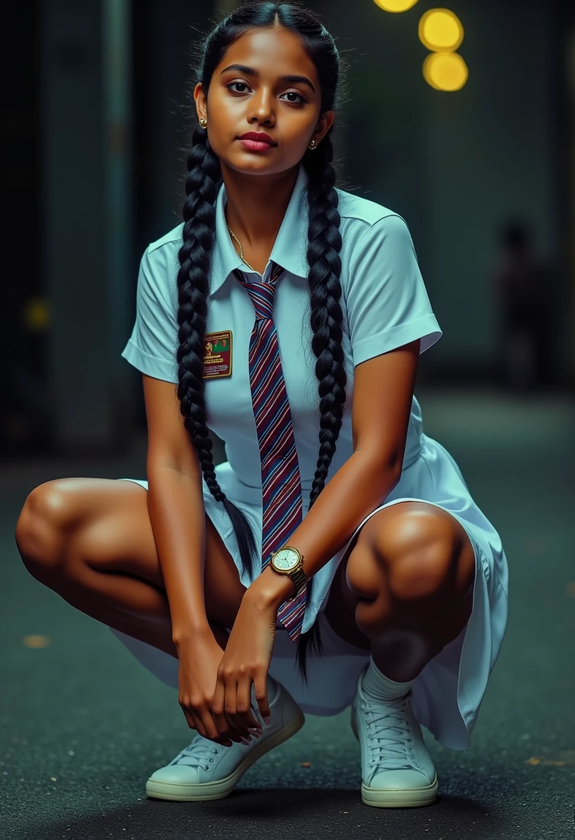 beautiful cute Sri Lankan school girl, wearing short socks and white sneakers, Large breast size , 20 years old, wearing a white frock and a colored tie. She has plaits, black braided long hair, cinematic lighting, glowing, movie filter, moody effect, thick body, beautiful Indian face, tanned skin, dark skin, oily sweaty skin, brown skin, squatting