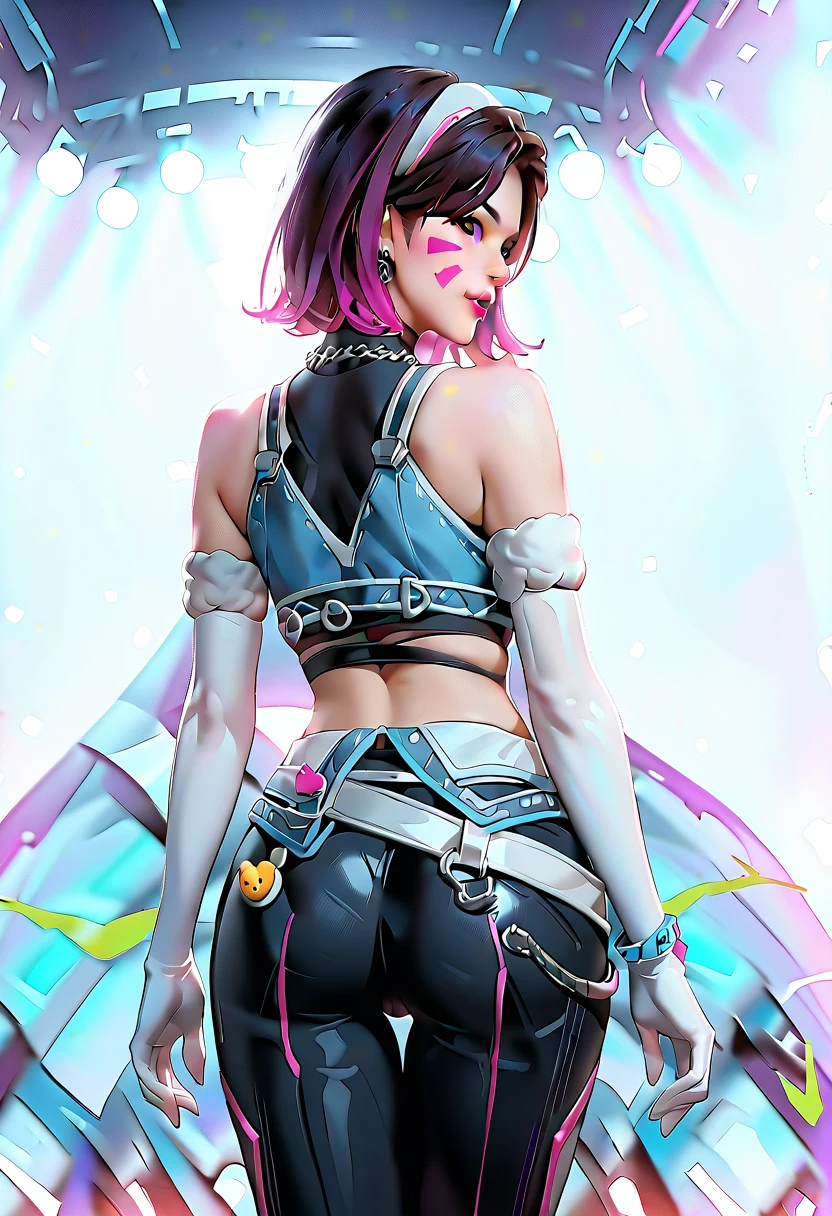 ,Le Sserafim D.va, Overwatch D.va, short purple hair, white headband, pink face paint, cropped blue top, bare shoulders, belt with pouches, tight black pants, white opera gloves, accessories, rear view, from behind, looking over shoulder, ass focus, ass clapping, cum on ass, after bukkake, after sex, excessive cum, dildoing , two frames, before and after 