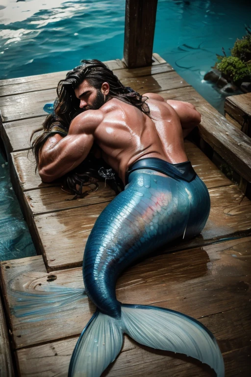  Muscular male bodybuilder with blue muscular mermaid tail. Lies on a leather surface . He is oiled ,  wet and oily . Sexy back and ass .  He is tied with a brown strong navy rope . black hair, black beard. It's raining