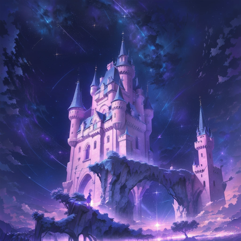  Turn this scene into a night scene， castle at night ， starry sky ， super high quality ，游戏Scene art，Blue-purple hue，Scene art， super high quality ，Clear edges， Romantic atmosphere ， HD，8k