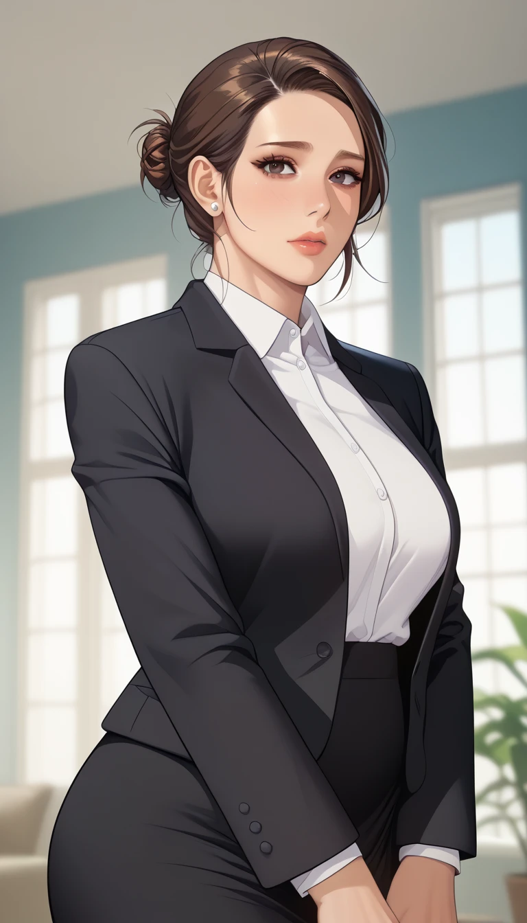 (masterpiece, best_quality:1.2), 1girl, solo, mature female, a1m33, brown hair, low bun, (officework:1.5, white shirt, black blazer, black mini skirt), beautiful eyes, female focus, large breast, wide hips, looking at viewer, ((close up shot)) ((solo)) detailed, very high resolution, no blurry image, (cowboy shot), standing, beautiful, serene expression, intricate details, detailed background, indoors