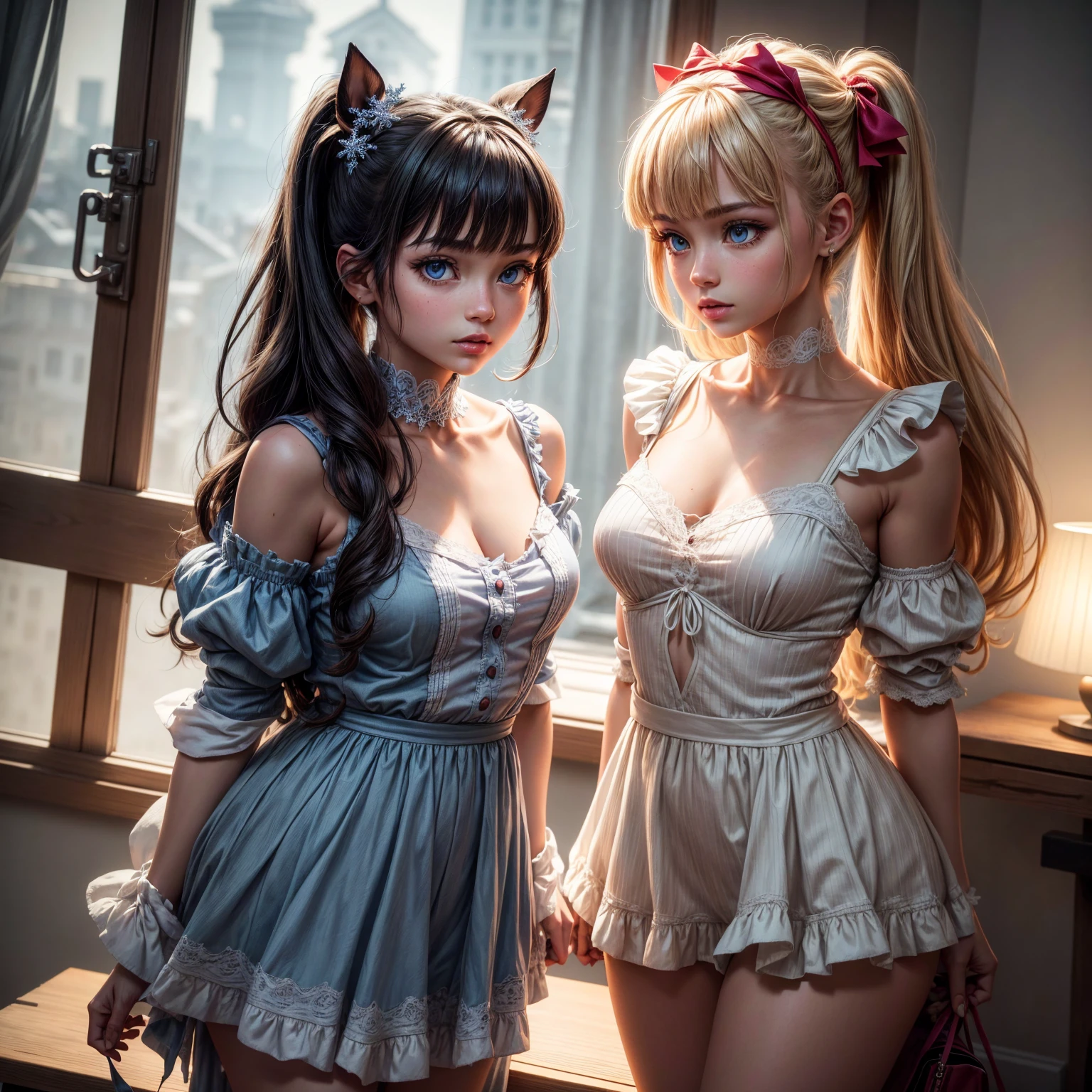 una cara de bebe,Por flequilne of sight is correct,Lower the corset completely,Many drops of sweat, pelo largo negro con orejas de gato y ojos rojos