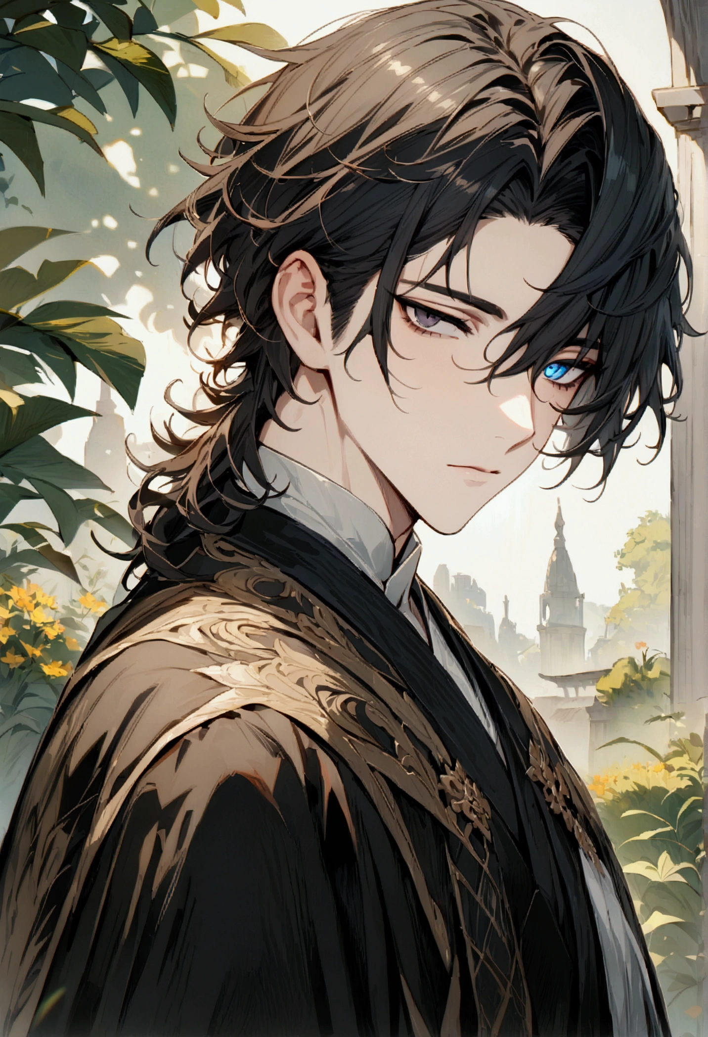 ((Best Quality)), (High Image Quality), ((Detailed Eye Description)), ((masterpiece)), ((Detailed:Face)), ((Handsome)), ((Detailed:eyes)), Solo,((perfect male body)), ((Detailed:Clothes)), ((Detailed:Hair)), (Black Hair), ((Hairstyle:Shadow perm)), formal clothing, (Detailed hair flow), (Beautiful Eyes), ((Refined Eyes)), Emotionless,((Onyx eyes)), short Hair, Black eyes, ((Better Eyes)), ((Vertical Slit Eyes)), Well Built Body, ((Spring atmosphere)), ((Shoulder Robing a Black Kimono)), 