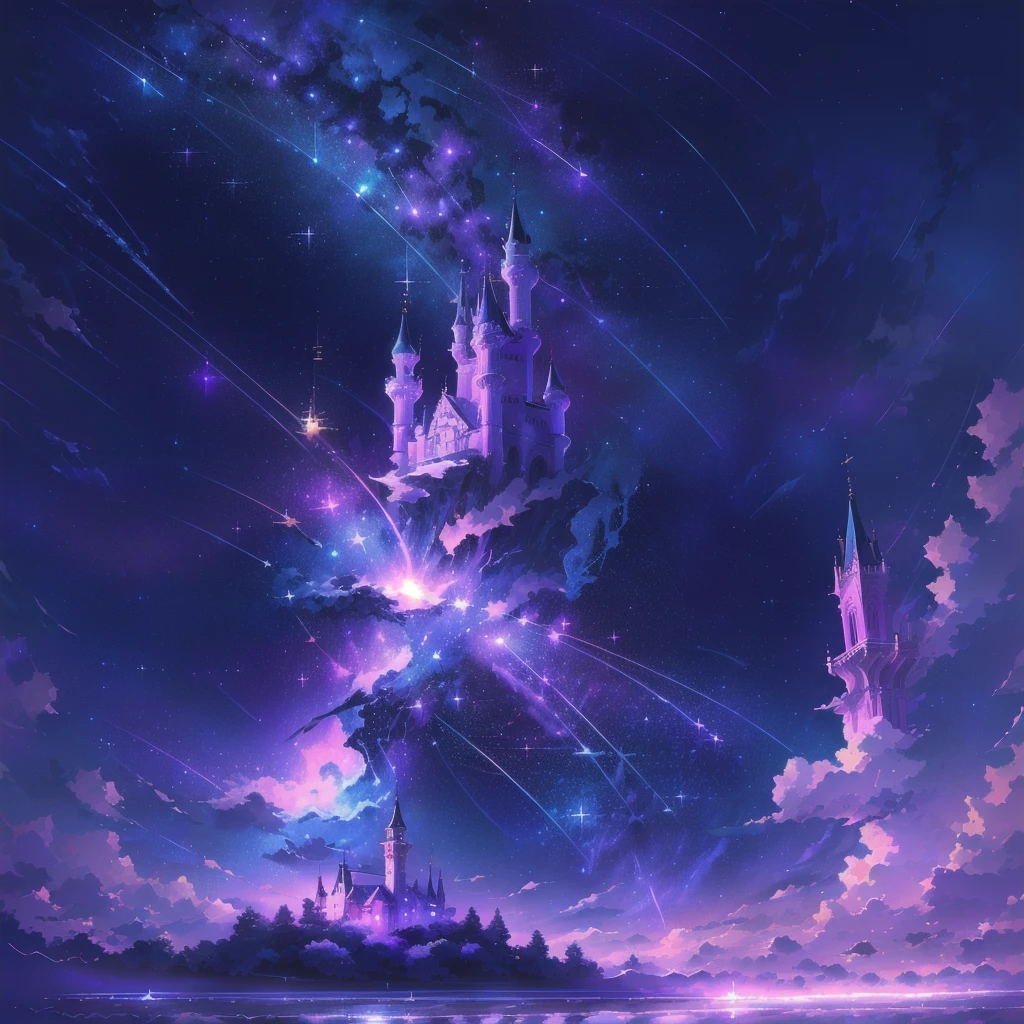  Turn this scene into a night scene， castle at night ， starry sky ， super high quality ，游戏Scene art，Blue-purple hue，Scene art， super high quality ，Clear edges， Romantic atmosphere ， HD，8k