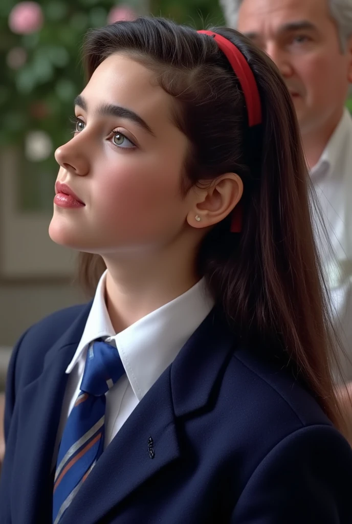 (very realistic photography),(masterpiece, best quality:1.3), 1girl and A man with his back turned towards me, from the front, her beautiful face,
((young Jennifer Connelly)),(at ),
she wear in tidy dark blue high school blazer uniform and immaculate white shirt with a vivid blue tie.,
she wears a vivd red hair band., 
with cute face with plump cheeks, 
scooped nose arched high with a turned-up tip,
no make up,
flawless healthy youthful fresh succulent fine smooth white skin,
with precocious female body with precociously large blreasts and broad wide shoulders, 
Jennifer Connelly's unique and beautiful face is recreated.,
Her long, slightly damp, shiny black hair cascades down over further down her shoulders.,
She is being whispered something in her ear by her lover.,
She is in a state of hypnosis by her lover.,
She lowers her eyes embarrassingly.,
she looks to feel dreamy with her eyes half-closed in euphoria and with her mouth subtly opened.,
She is in a room with bright natural light illuminating on her beautiful face.,